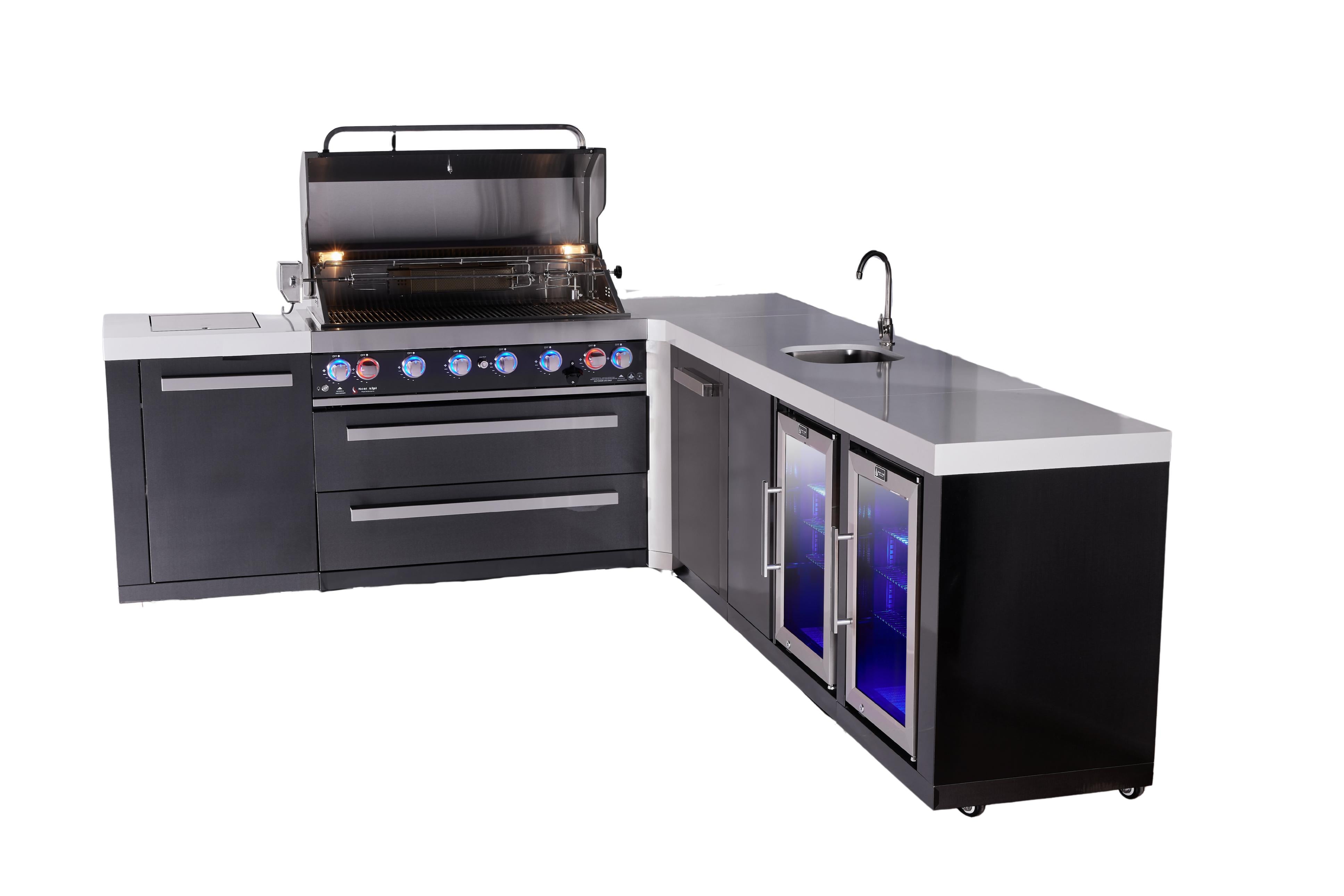 Mont Alpi 6-burner L-shaped black series outdoor kitchen island with beverage center and corner fridge module plus extra storage cabinet - Mont Alpi Canada