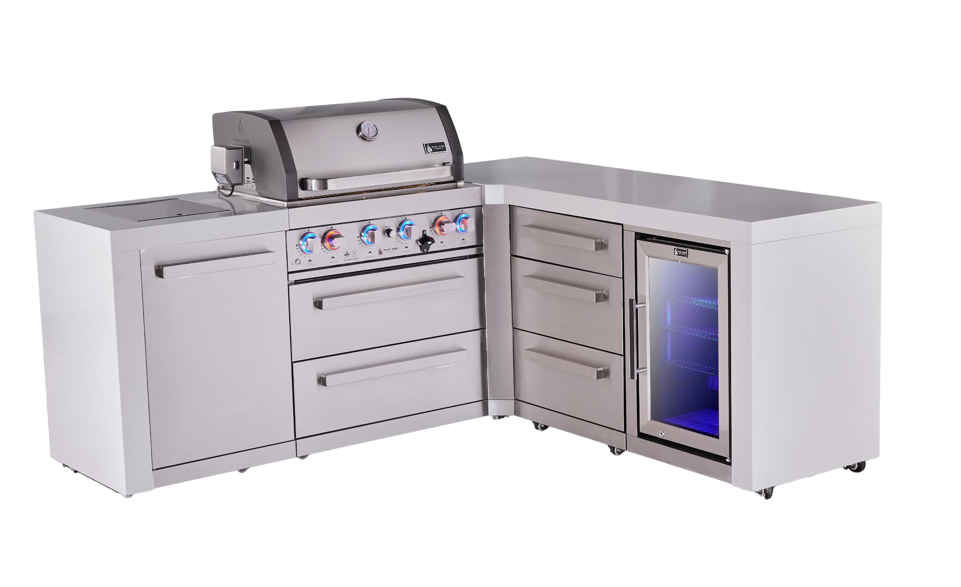 Mont Alpi 4-burner L-shaped deluxe series outdoor kitchen island with corner fridge and extra drawer slides cabinet module - Mont Alpi Canada