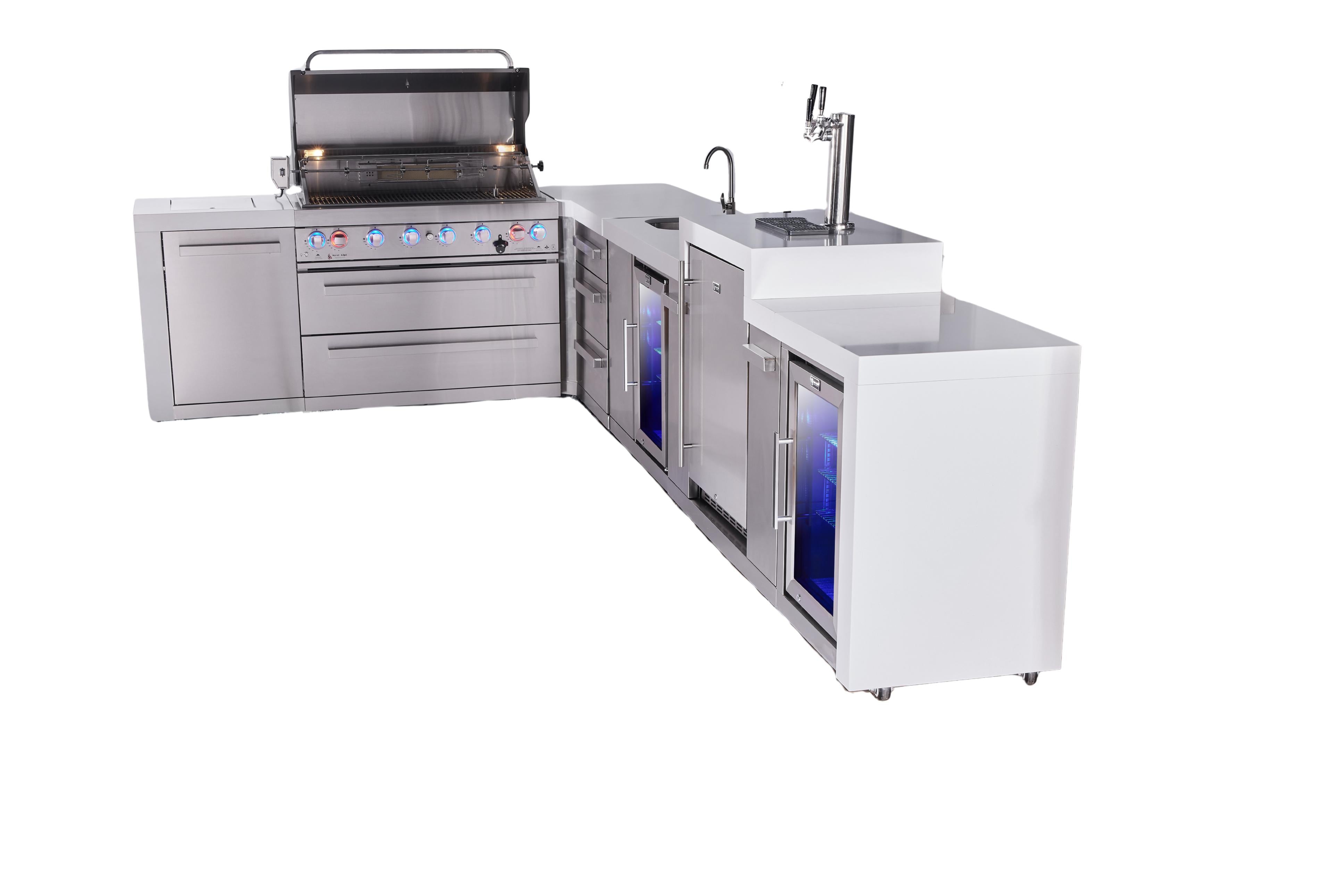 Mont Alpi 6-burner L-shaped deluxe series outdoor kitchen island with beverage center, kegerator and corner fridge module plus extra drawer slides cabinet - Mont Alpi Canada