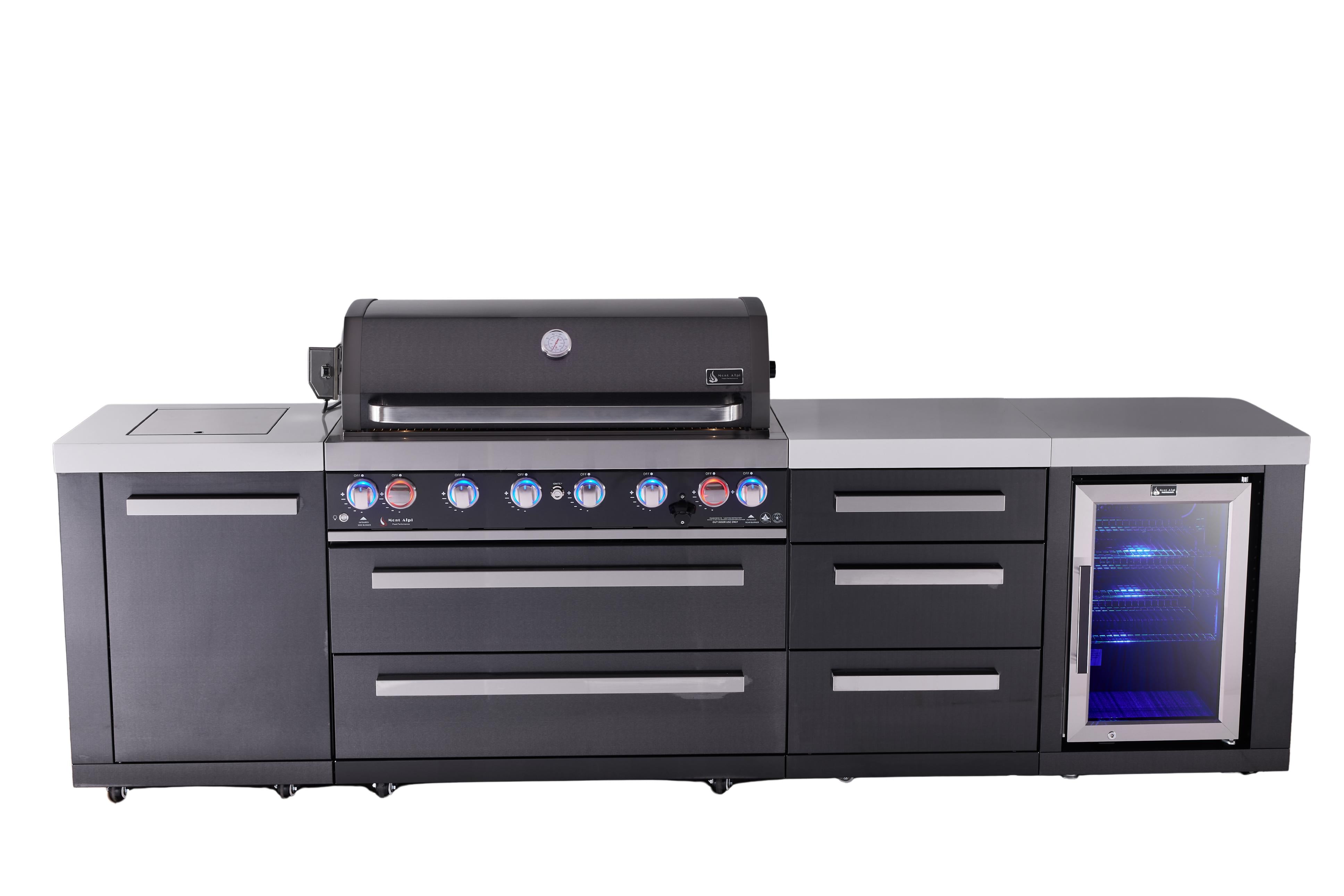 Mont Alpi 6-burner black series outdoor kitchen island with extra storage cabinet and corner fridge module