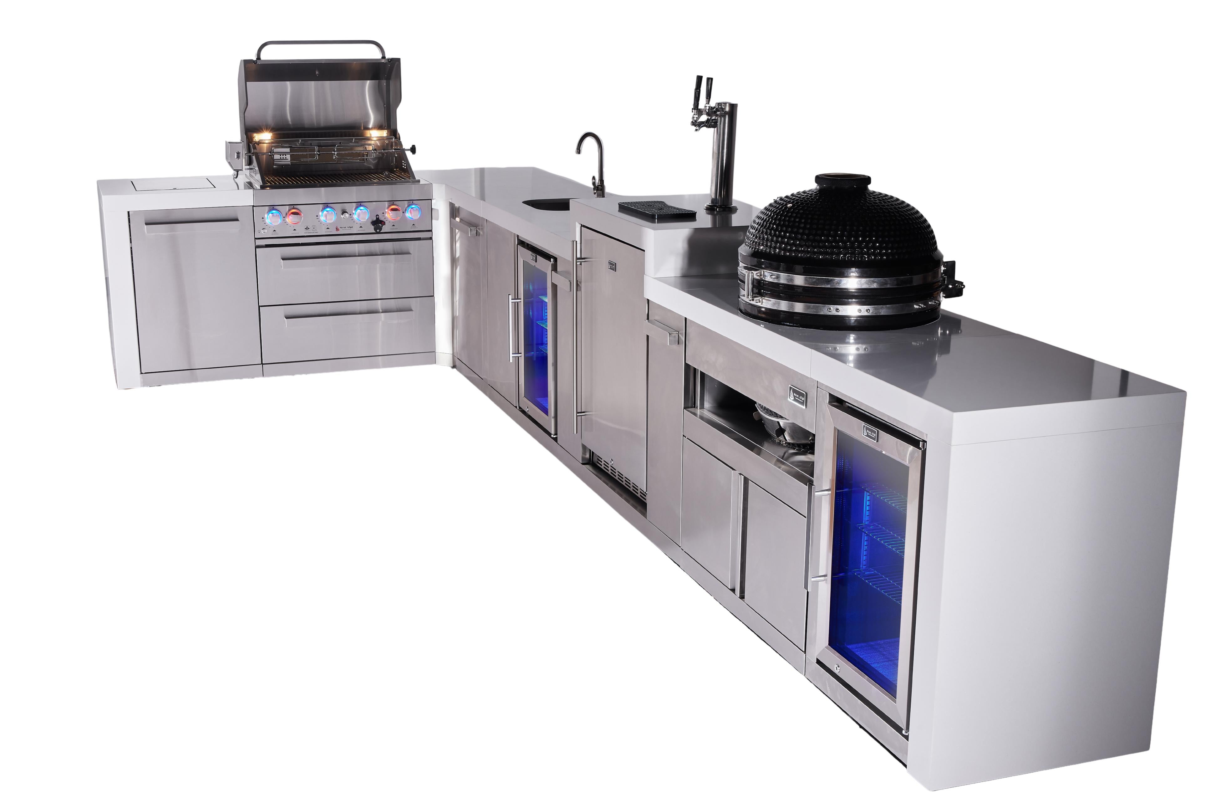 Mont Alpi 4-burner L-shaped deluxe series outdoor kitchen island with beverage center, kegerator, kamado and corner fridge module plus extra storage cabinet - Mont Alpi Canada