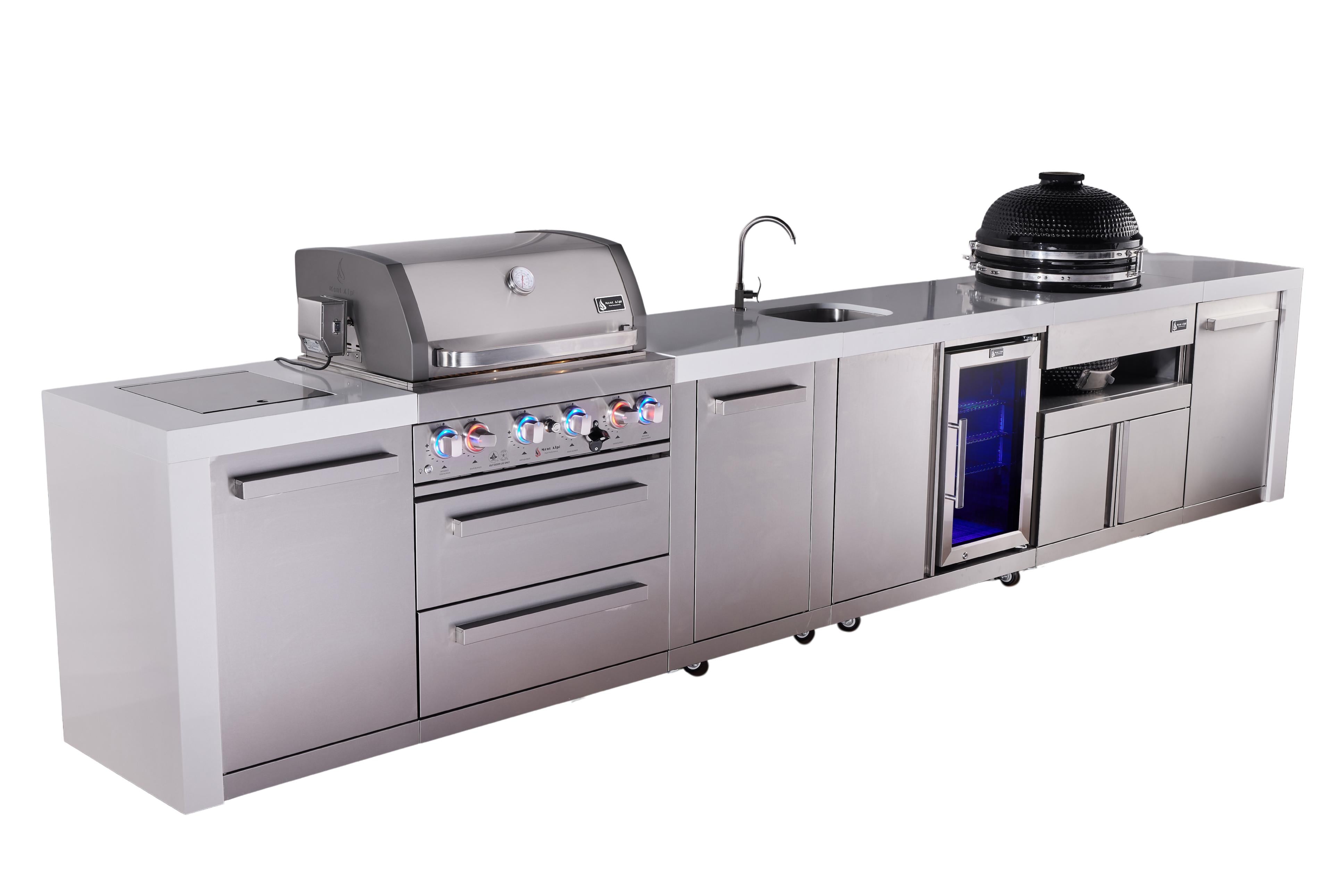 Mont Alpi 4-burner deluxe series outdoor kitchen island with beverage center and kamado module plus extra storage cabinet - Mont Alpi Canada