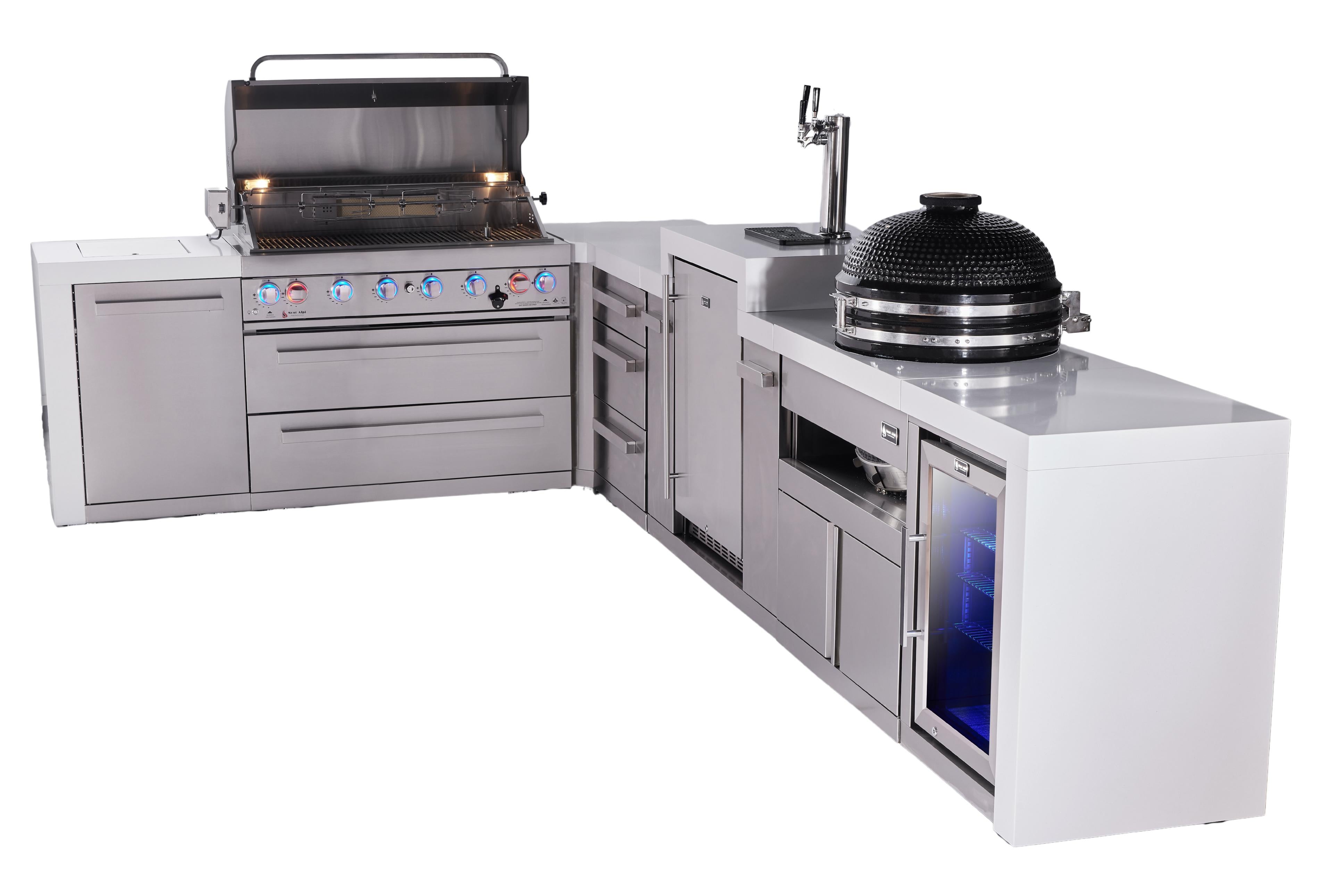 Mont Alpi 6-burner L-shaped deluxe series outdoor kitchen island with kegerator, kamado and corner fridge module plus extra drawers slide cabinet - Mont Alpi Canada
