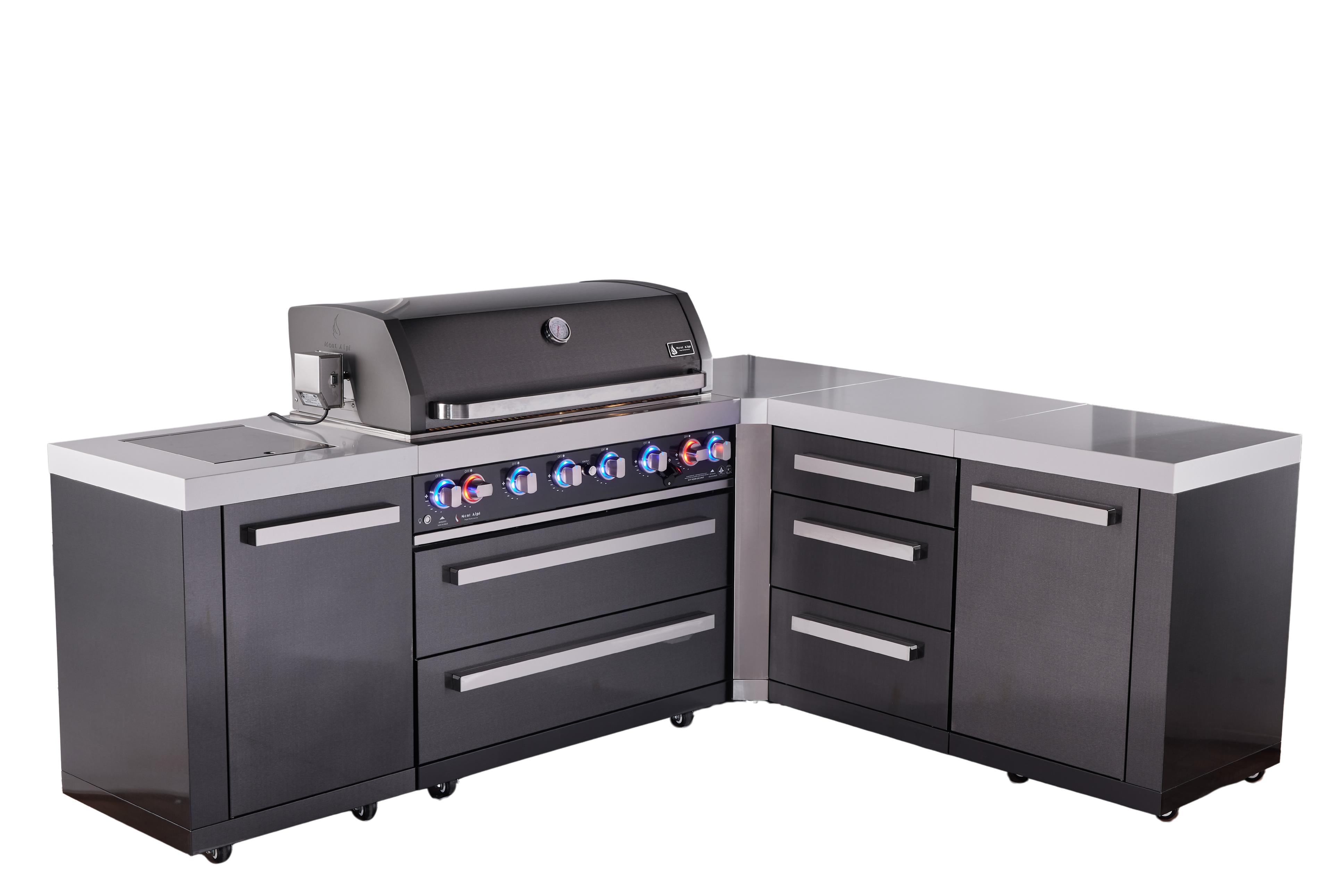 Mont Alpi 6-burner L-shaped black series outdoor kitchen island with extra drawer slides cabinet module - Mont Alpi Canada