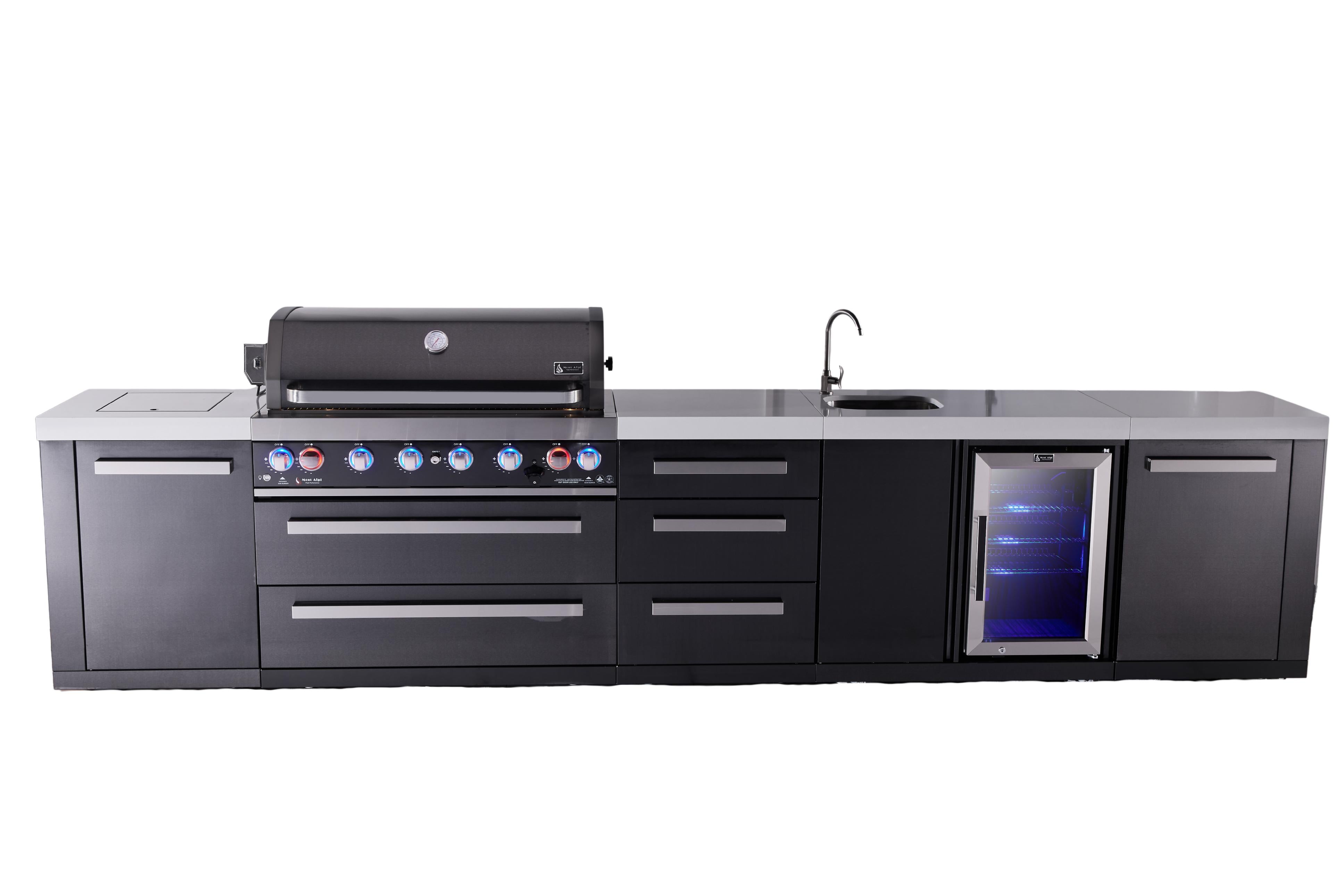Mont Alpi 6-burner black series outdoor kitchen island with beverage center and extra drawer slides cabinet module - Mont Alpi Canada