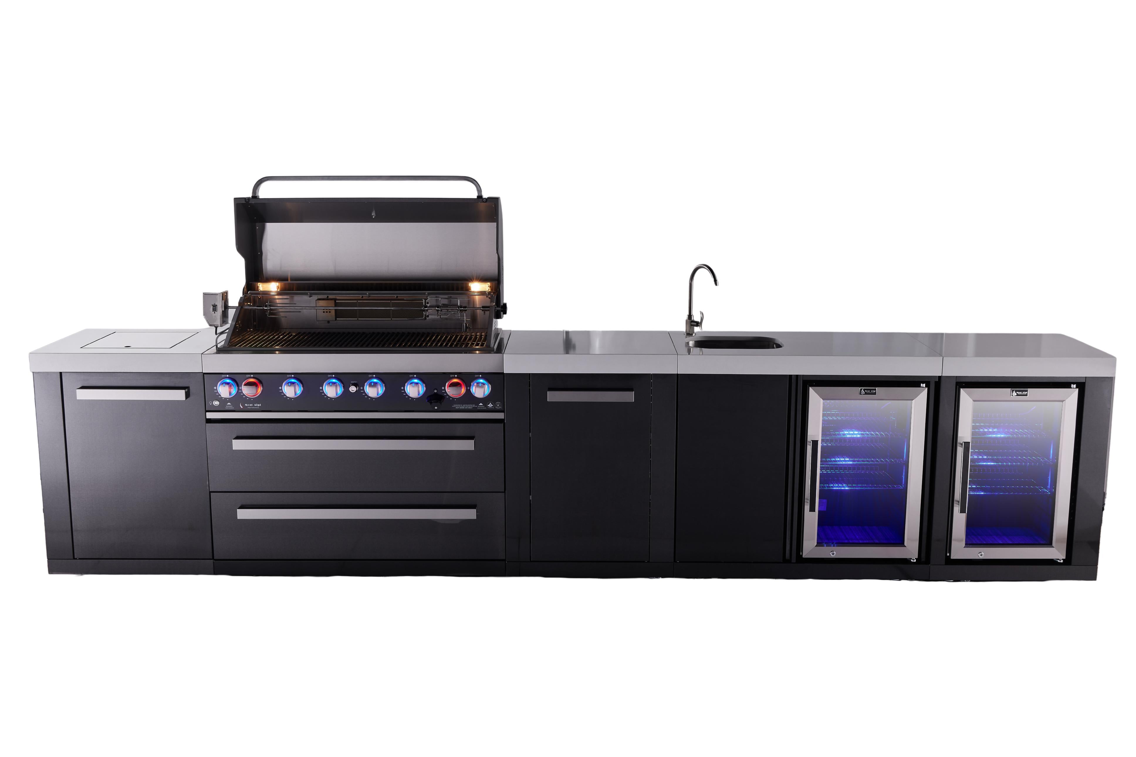 Mont Alpi 6-burner black series outdoor kitchen island with beverage center and corner fridge module plus extra storage cabinet - Mont Alpi Canada