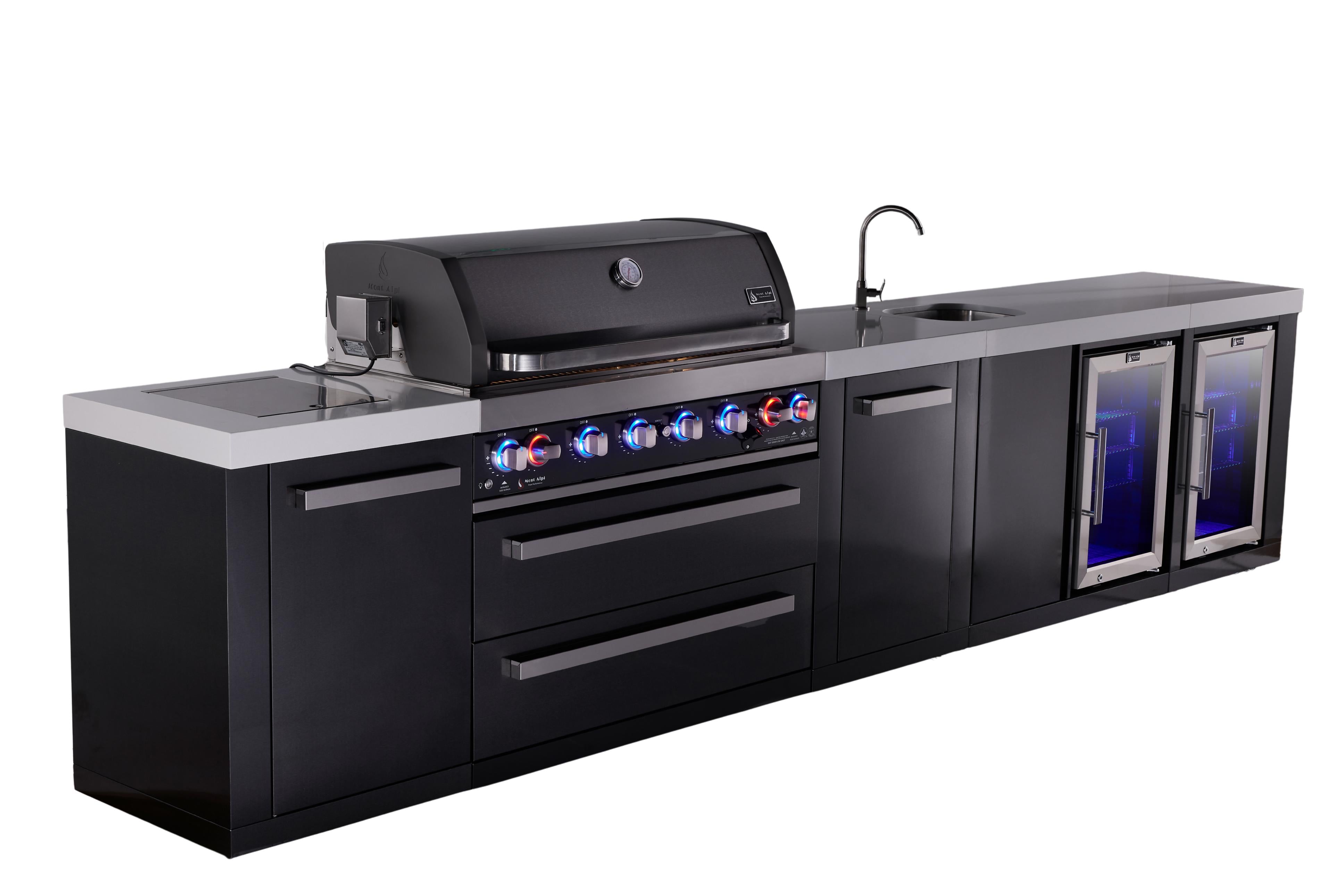 Mont Alpi 6-burner black series outdoor kitchen island with beverage center and corner fridge module plus extra storage cabinet - Mont Alpi Canada