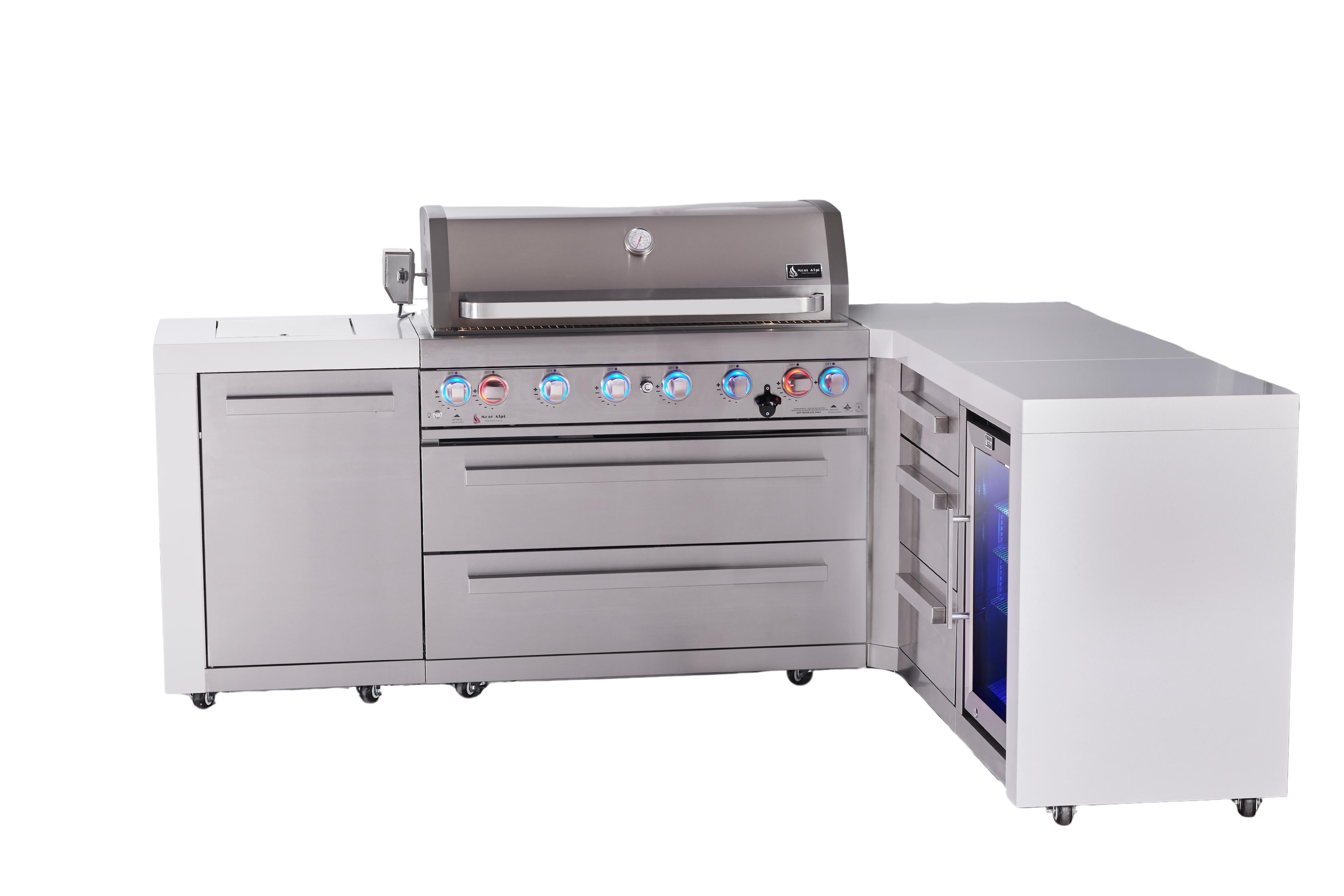 Mont Alpi 6-burner L-shaped deluxe series outdoor kitchen island with corner fridge and extra drawer slides cabinet module - Mont Alpi Canada