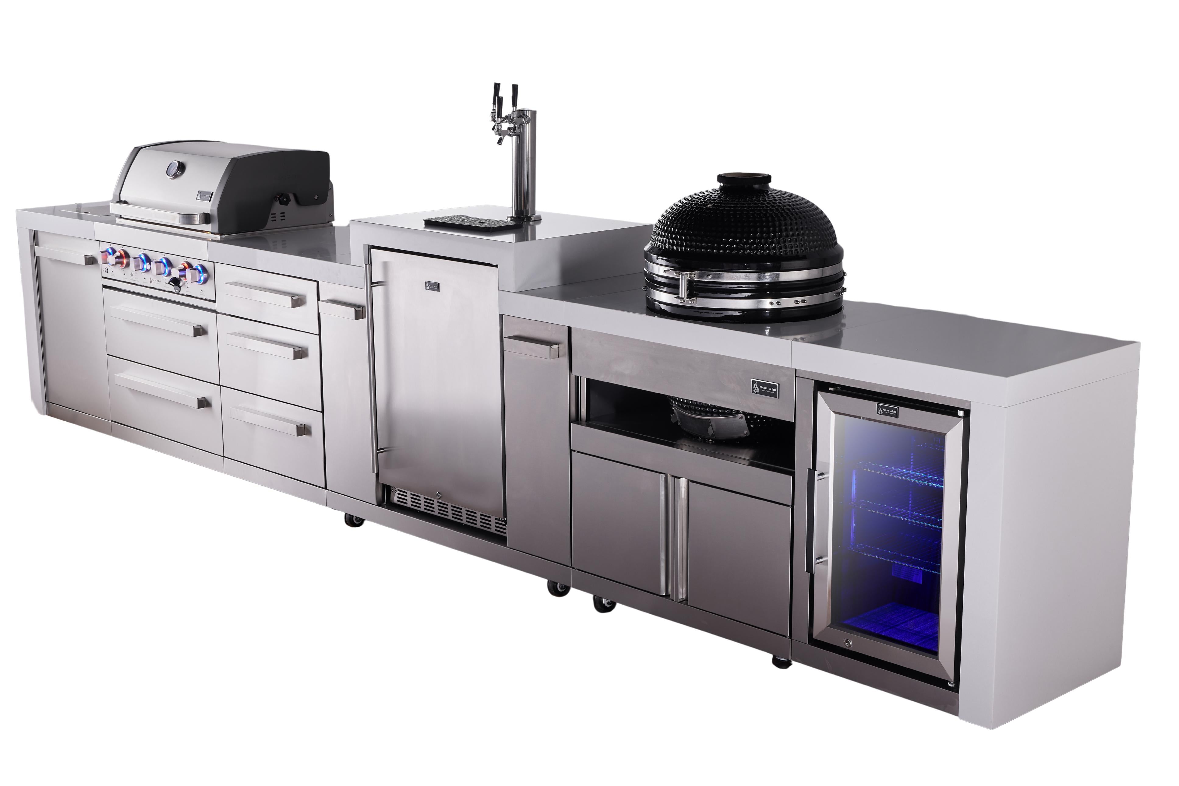 Mont Alpi 4-burner deluxe series outdoor kitchen island with kegerator, kamado and corner fridge module plus extra drawers slide cabinet - Mont Alpi Canada