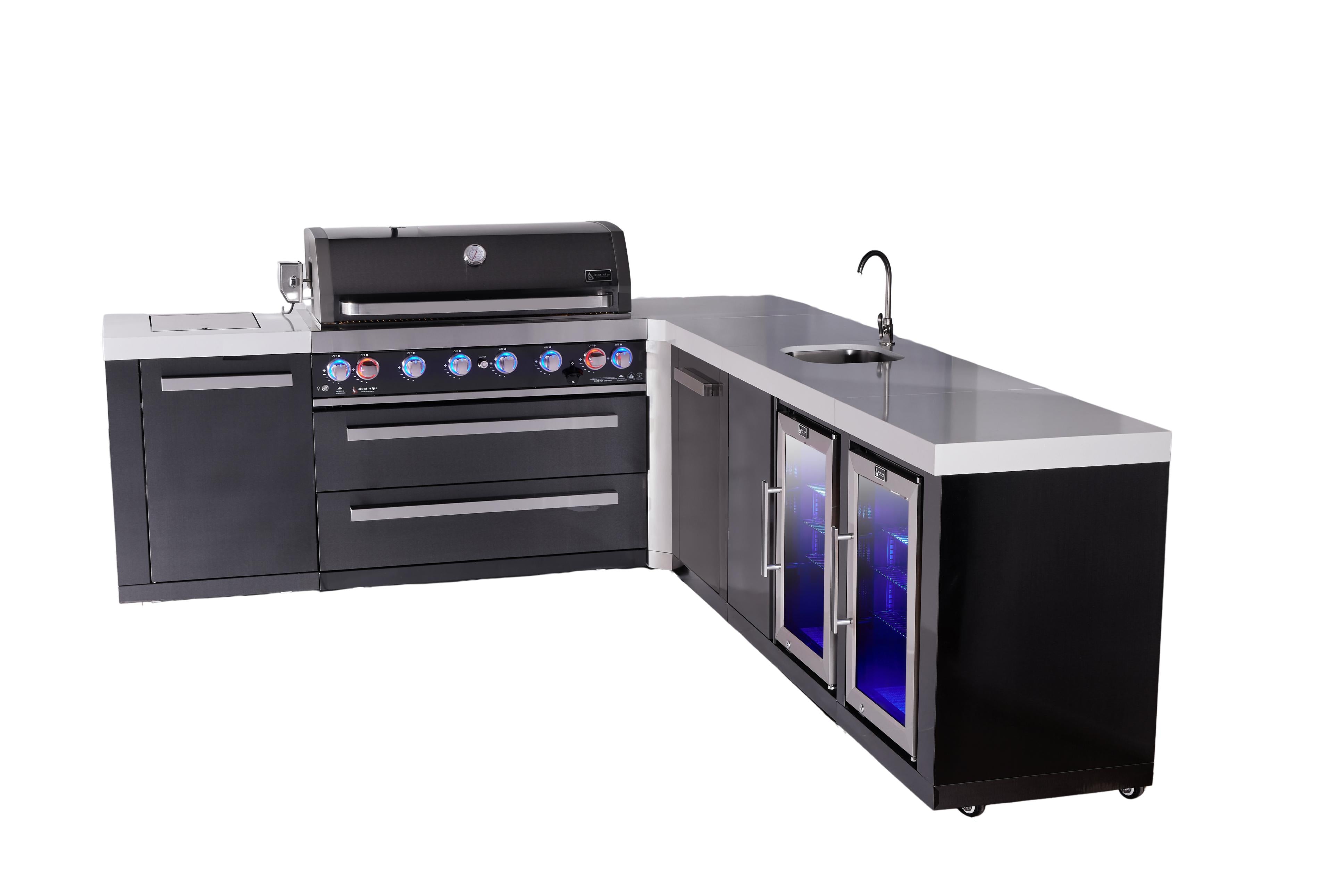 Mont Alpi 6-burner L-shaped black series outdoor kitchen island with beverage center and corner fridge module plus extra storage cabinet - Mont Alpi Canada