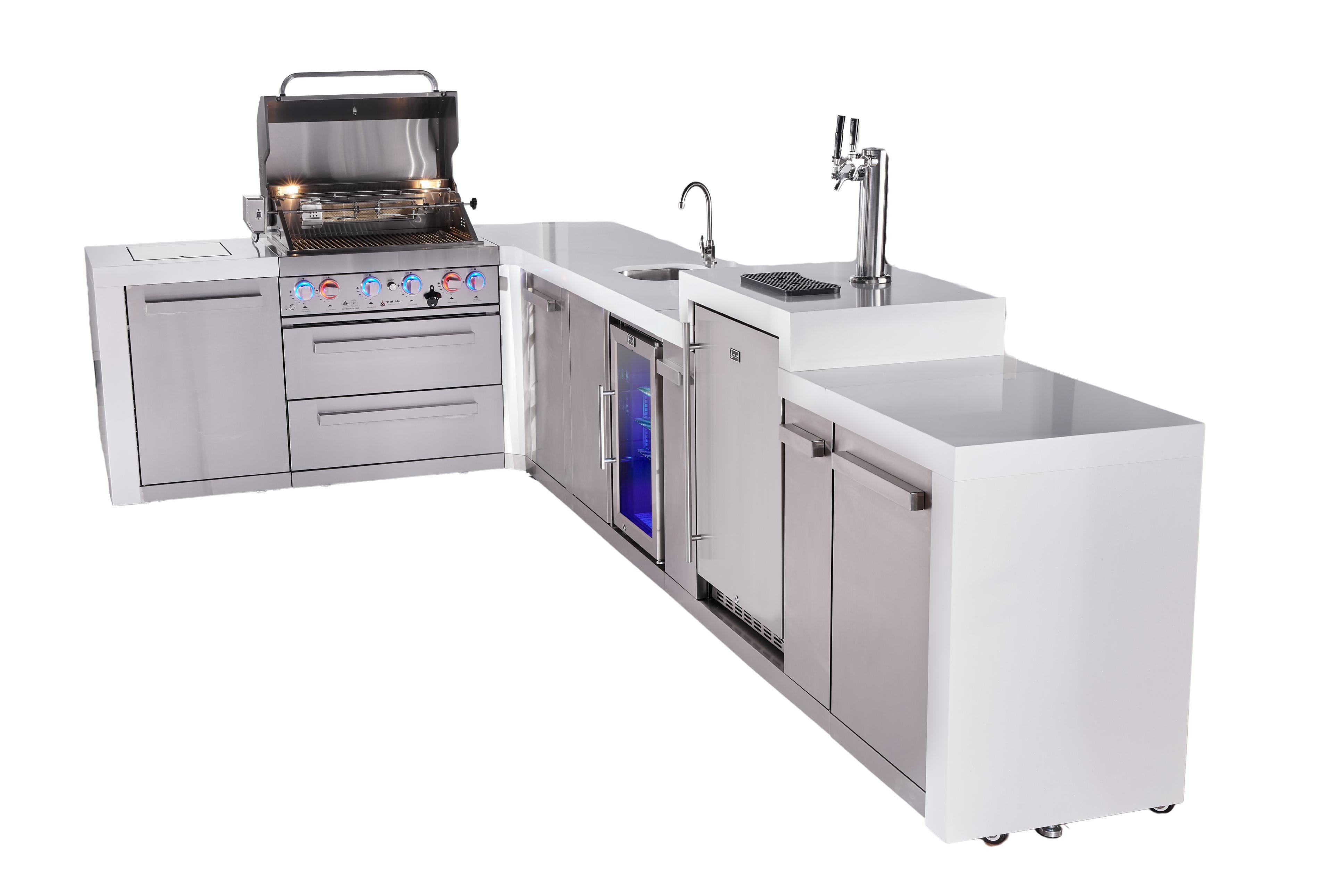 Mont Alpi 4-burner L-shaped deluxe series outdoor kitchen island with beverage center and kegerator module plus extra storage cabinet - Mont Alpi Canada