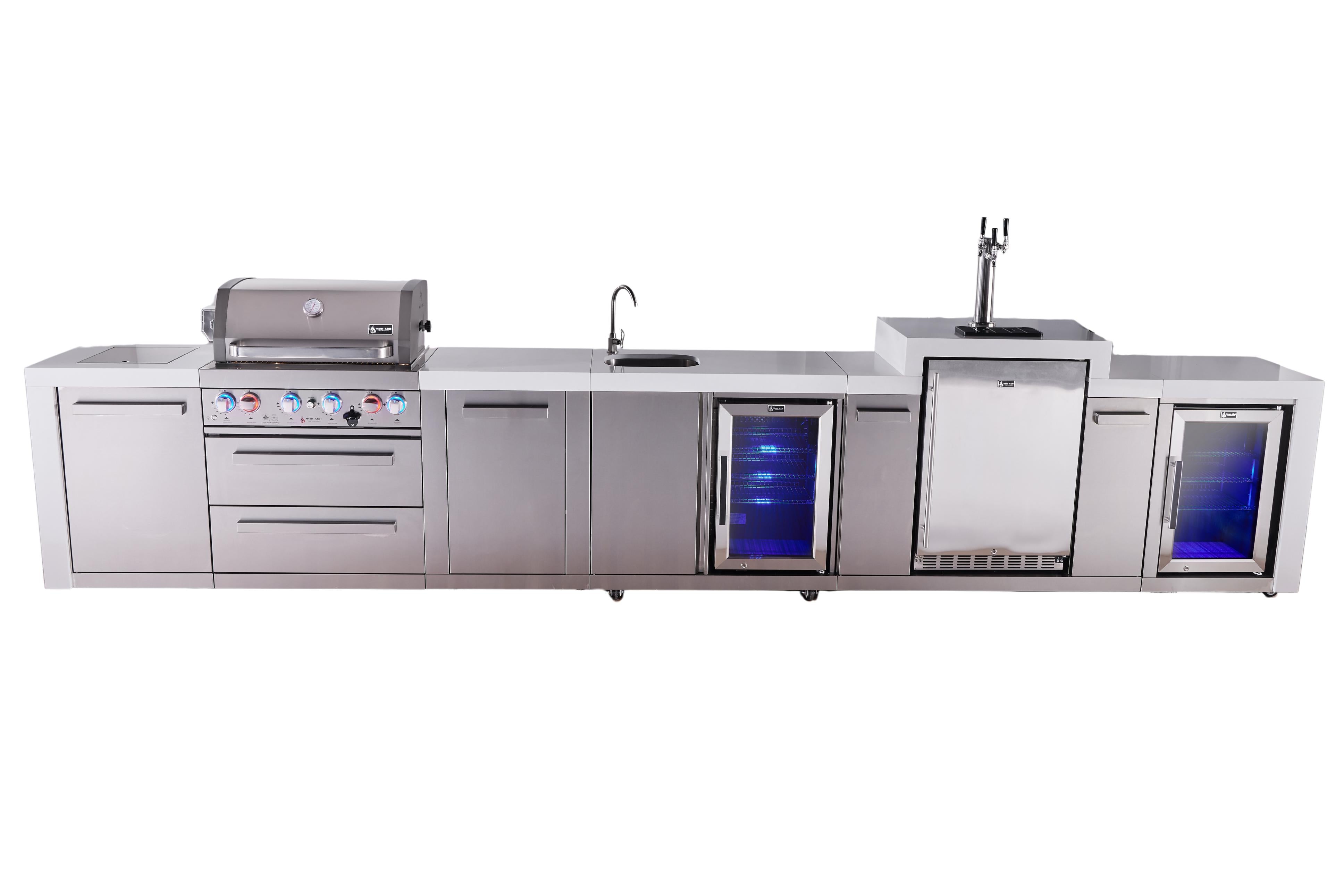 Mont Alpi 4-burner deluxe series outdoor kitchen island with beverage center, kegerator and corner fridge module plus extra storage cabinet - Mont Alpi Canada