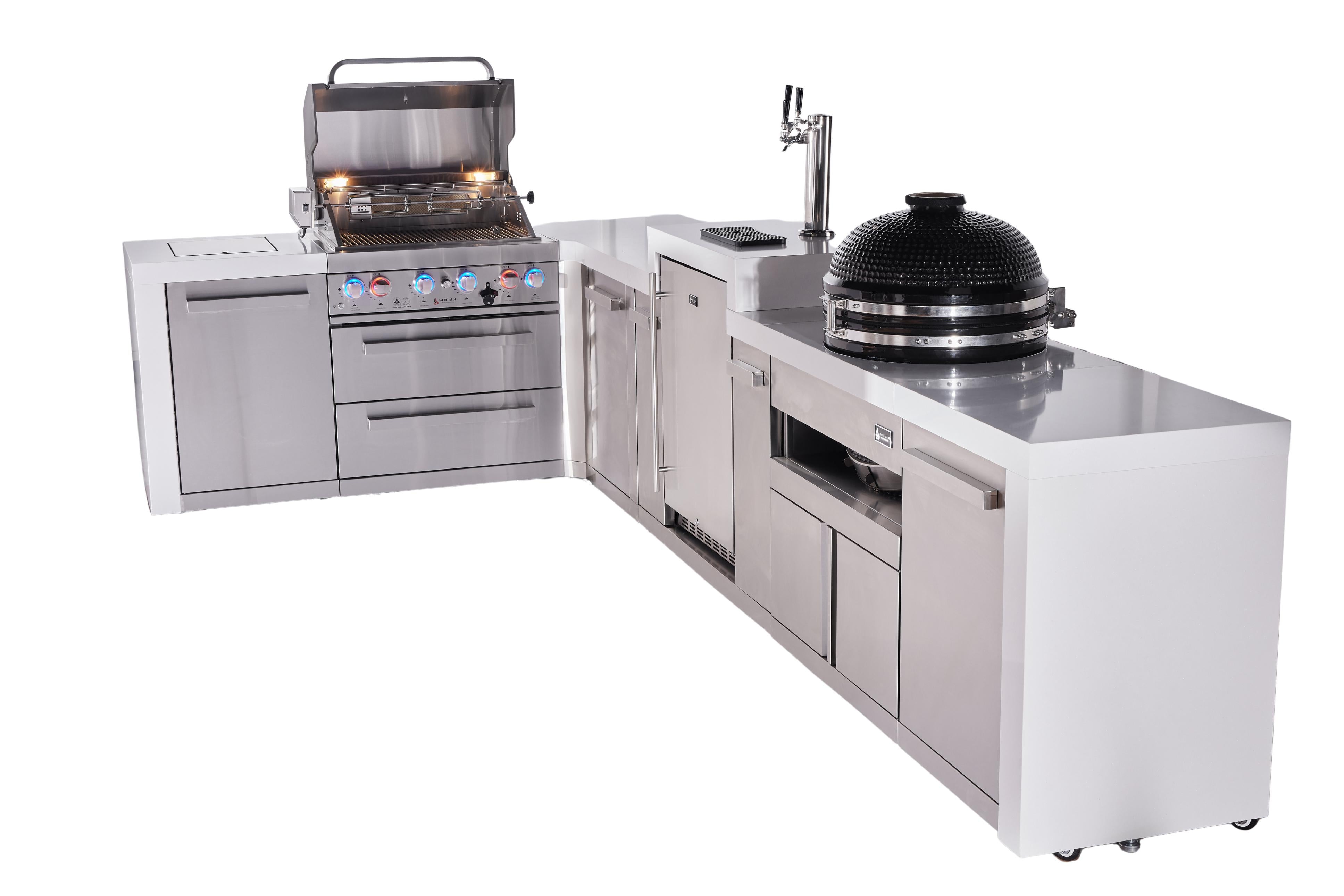 Mont Alpi 4-burner L-shaped deluxe series outdoor kitchen island with kegerator, kamado and extra storage cabinet module - Mont Alpi Canada
