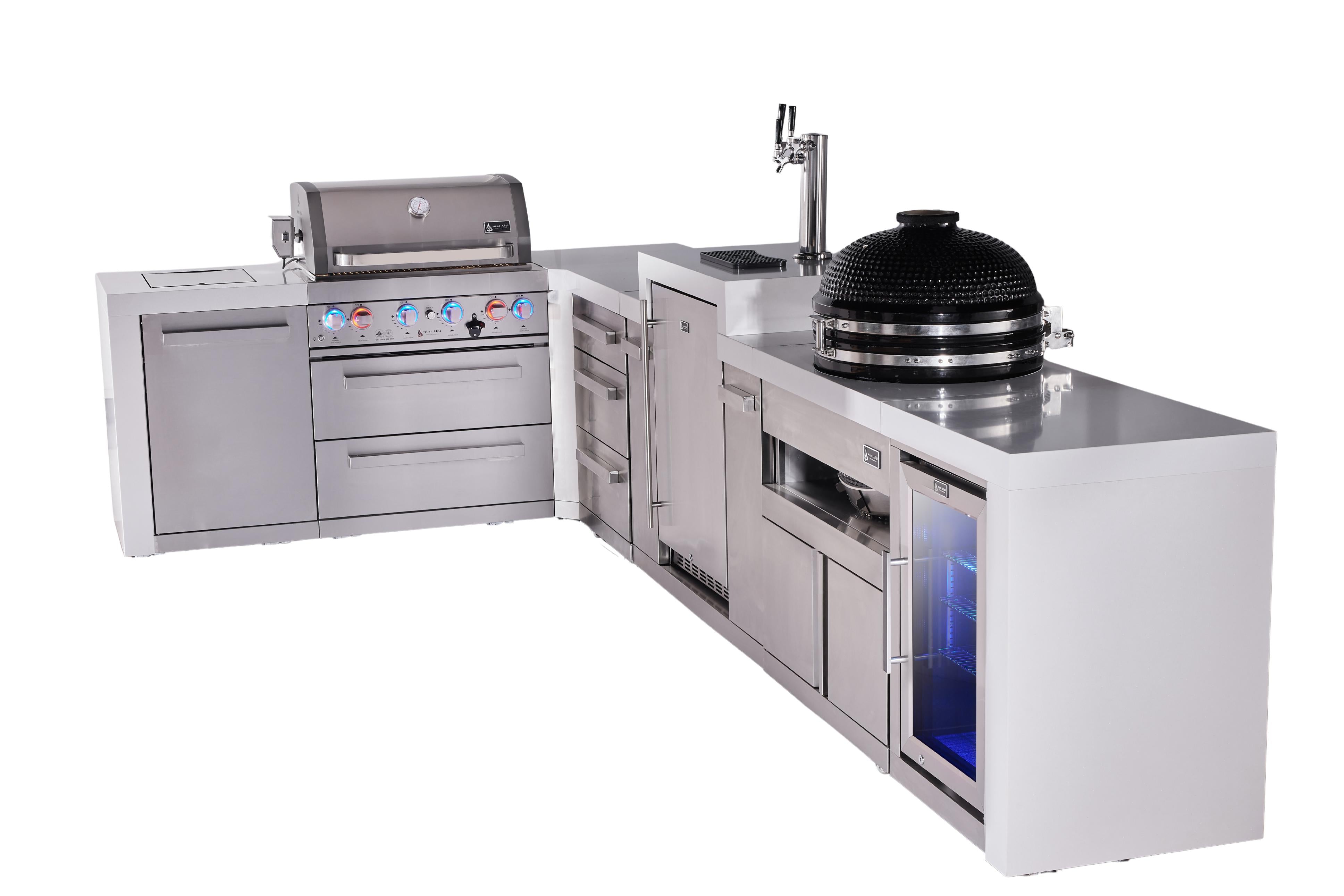 Mont Alpi 4-burner L-shaped deluxe series outdoor kitchen island with kegerator, kamado and corner fridge module plus extra drawers slide cabinet - Mont Alpi Canada