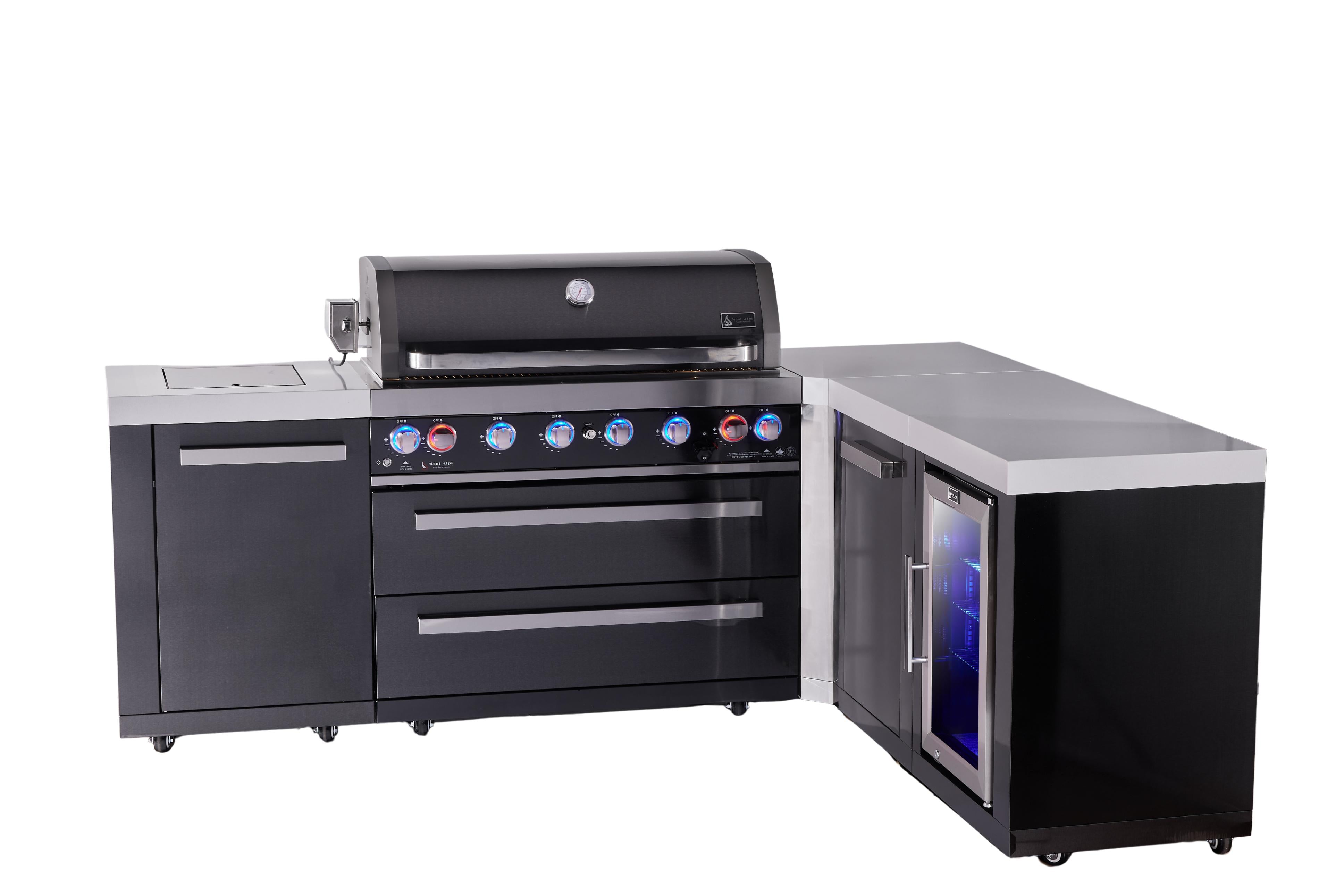 Mont Alpi 6-burner L-shaped black series outdoor kitchen island with extra storage cabinet and corner fridge module - Mont Alpi Canada