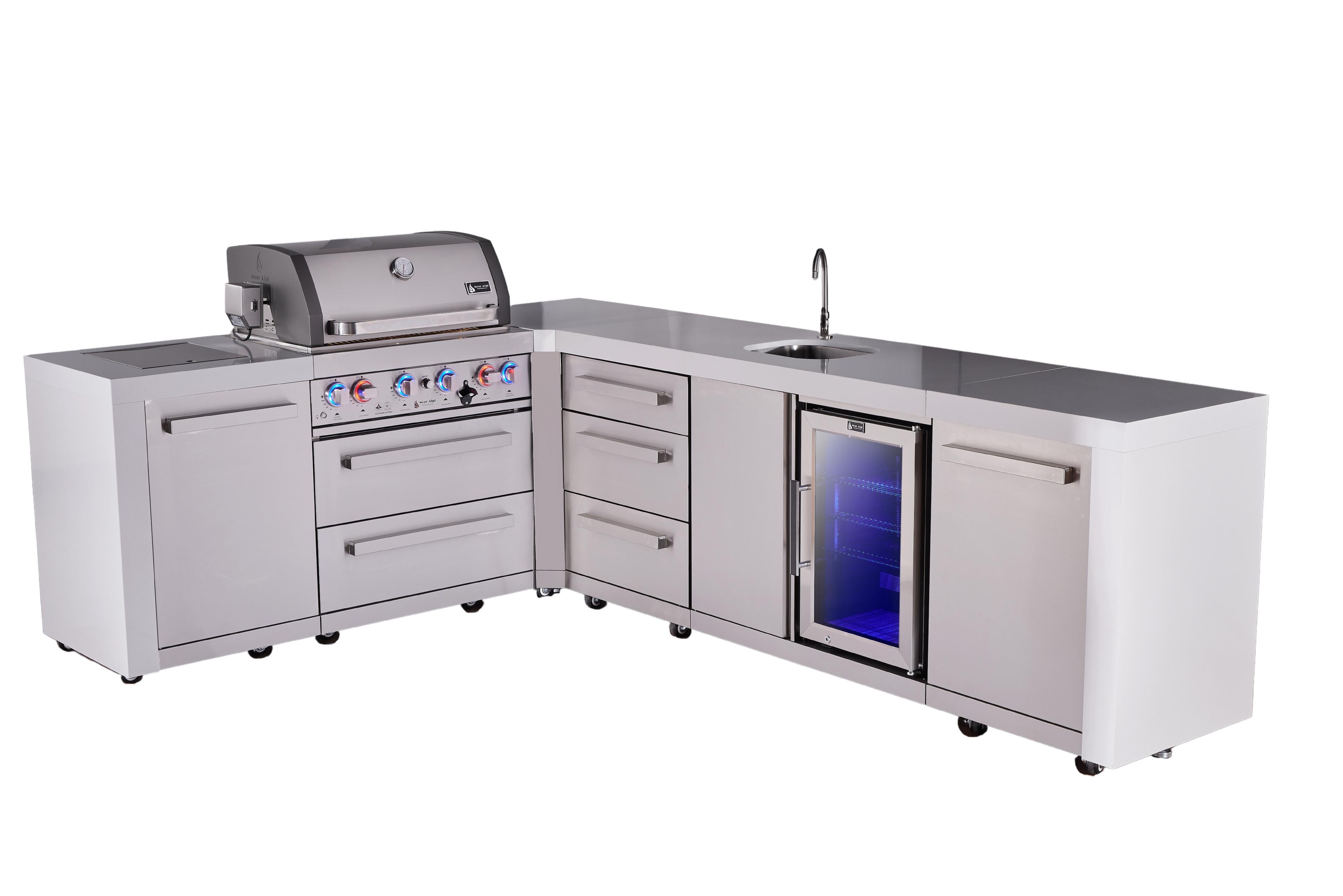 Mont Alpi 4-burner L-shaped deluxe series outdoor kitchen island with beverage center and extra drawer slides cabinet - Mont Alpi Canada