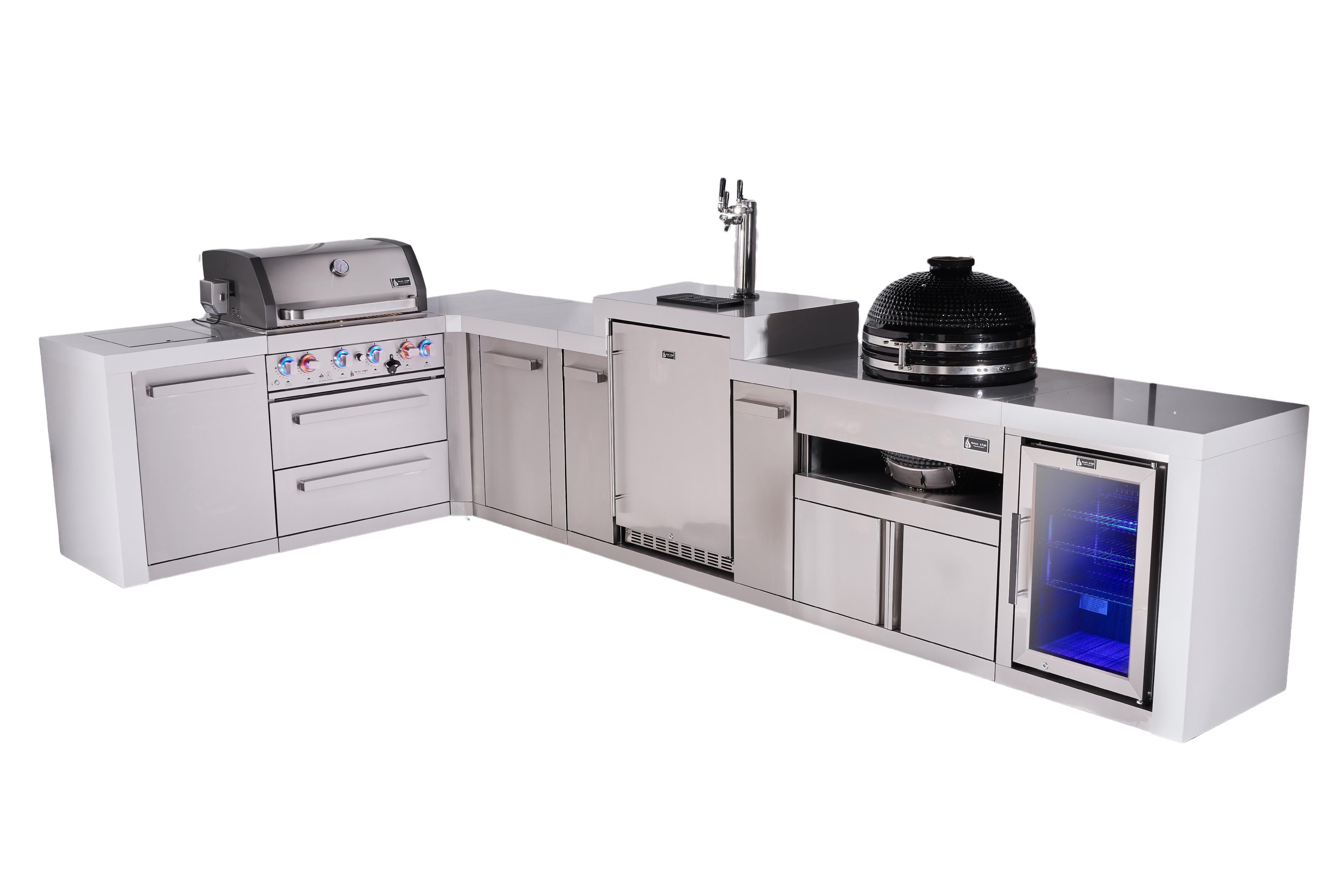 Mont Alpi 4-burner L-shaped deluxe series outdoor kitchen island with kegerator, kamado and corner fridge module plus extra storage cabinet - Mont Alpi Canada