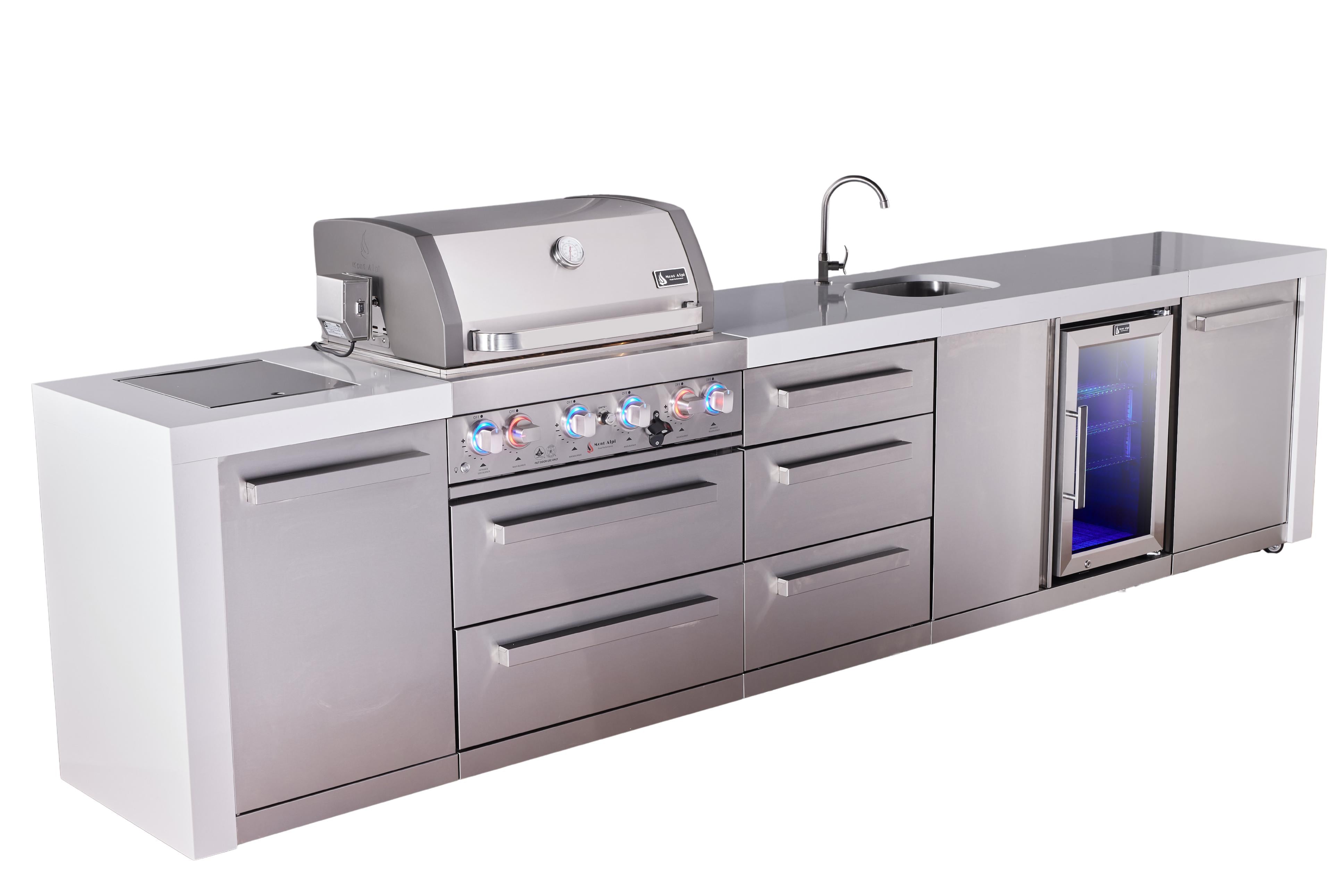 Mont Alpi 4-burner deluxe series outdoor kitchen island with beverage center and extra storage drawer slides module - Mont Alpi Canada