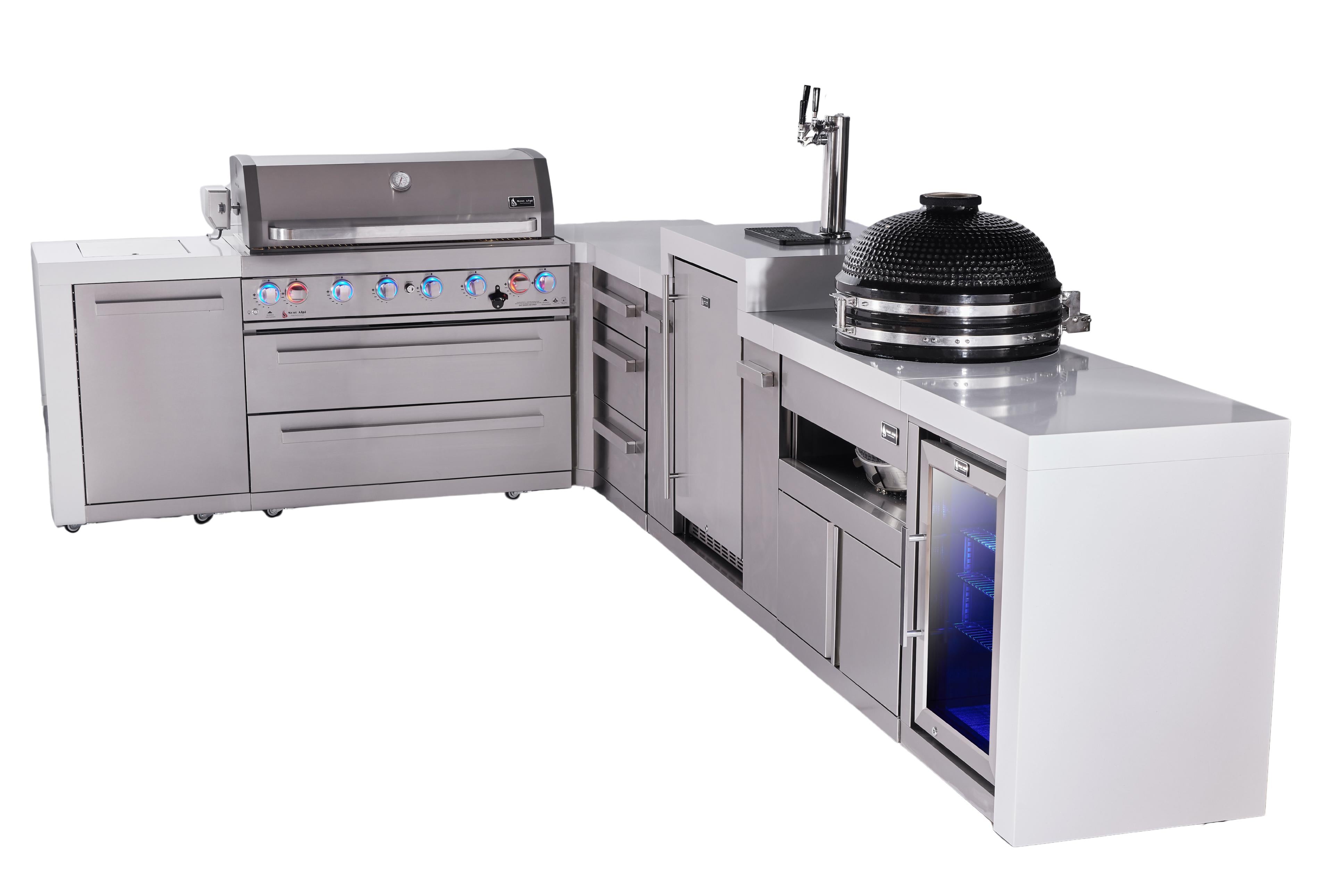 Mont Alpi 6-burner L-shaped deluxe series outdoor kitchen island with kegerator, kamado and corner fridge module plus extra drawers slide cabinet - Mont Alpi Canada