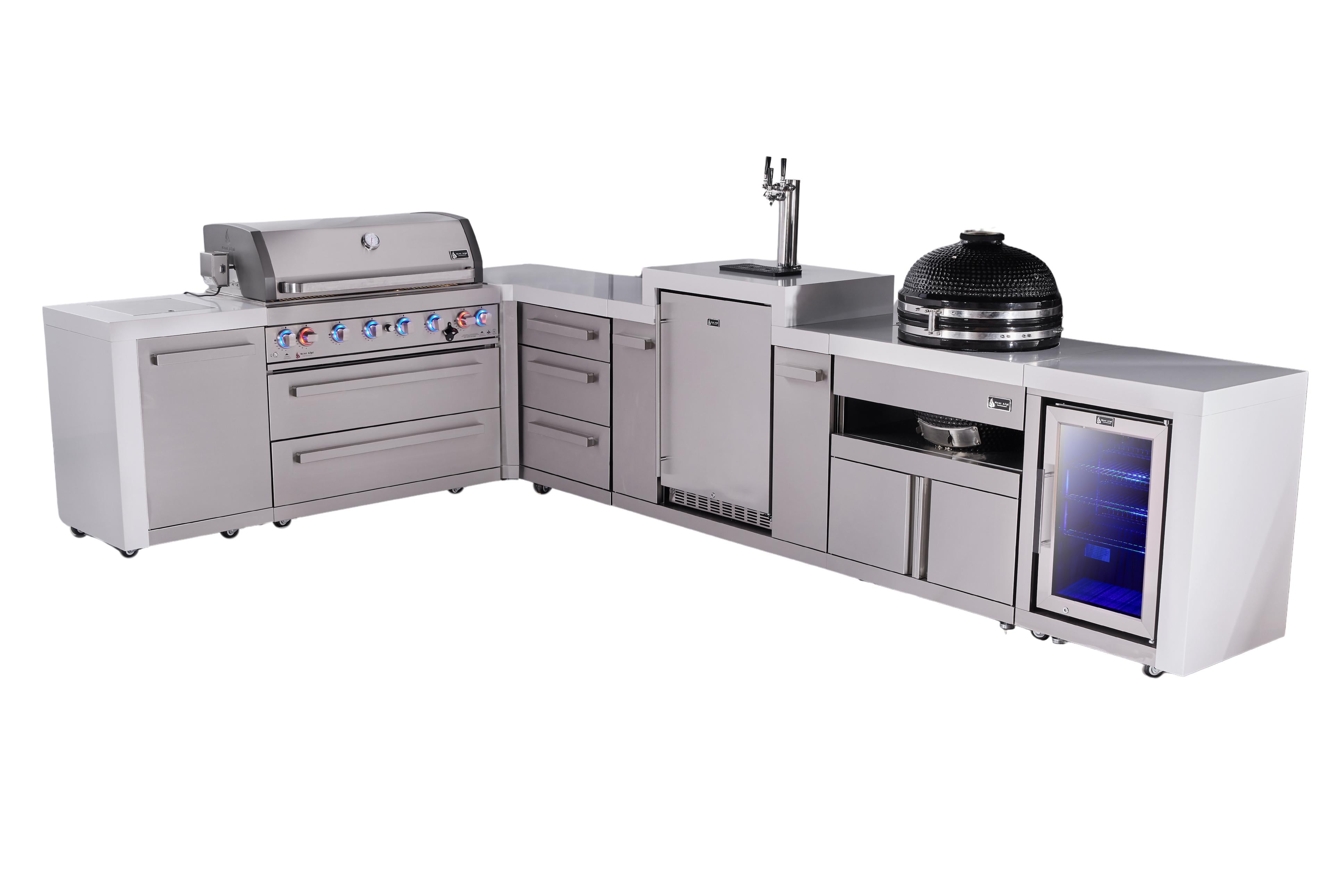 Mont Alpi 6-burner L-shaped deluxe series outdoor kitchen island with kegerator, kamado and corner fridge module plus extra drawers slide cabinet - Mont Alpi Canada