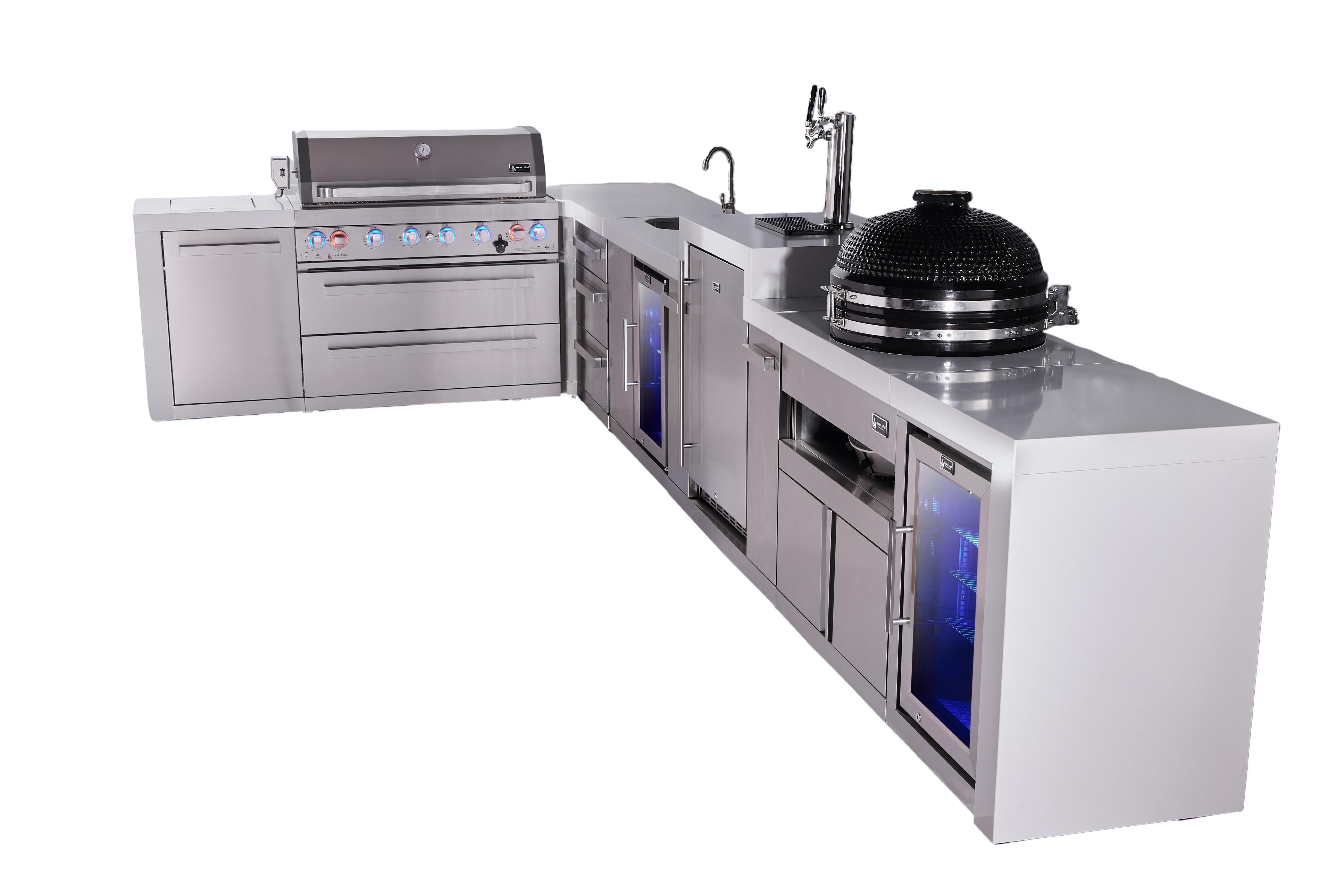 Mont Alpi 6-burner L-shaped deluxe series outdoor kitchen island with beverage center, kegerator, kamado and corner fridge module plus extra drawer slides cabinet - Mont Alpi Canada