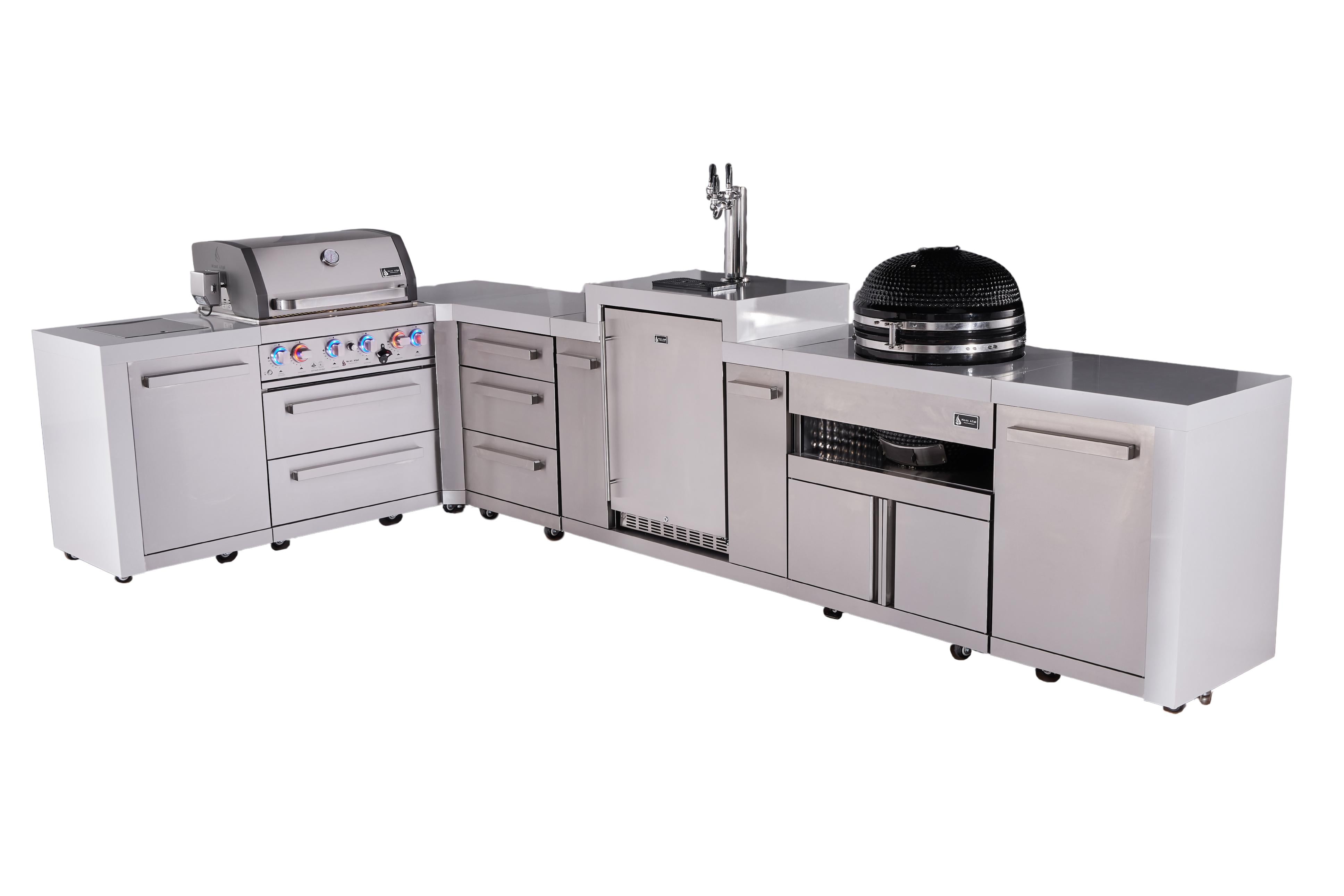 Mont Alpi 4-burner L-shaped deluxe series outdoor kitchen island with kegerator, kamado and extra drawers slide cabinet module - Mont Alpi Canada