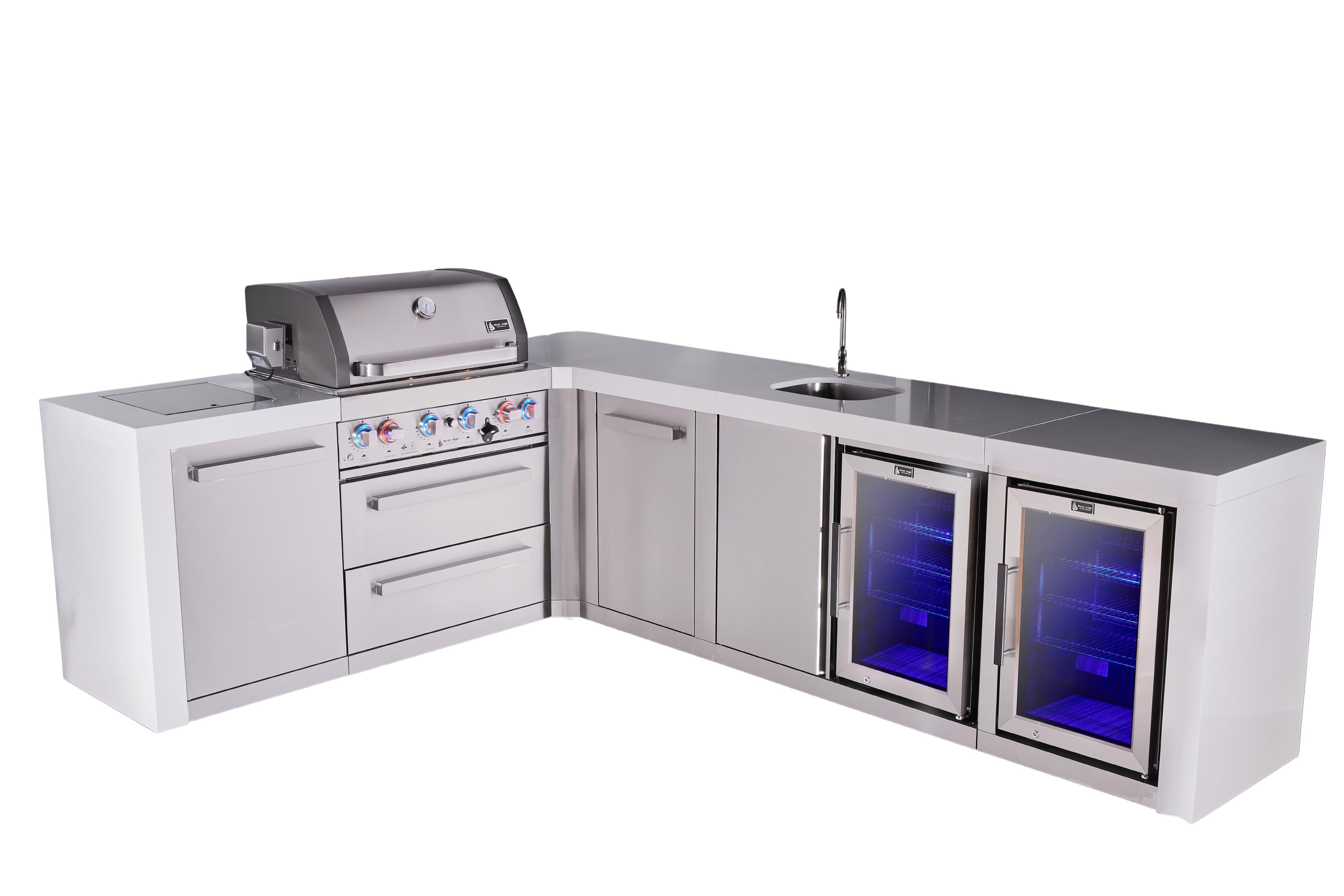 Mont Alpi 4-burner L-shaped deluxe series outdoor kitchen island with beverage center and corner fridge module plus extra storage cabinet - Mont Alpi Canada