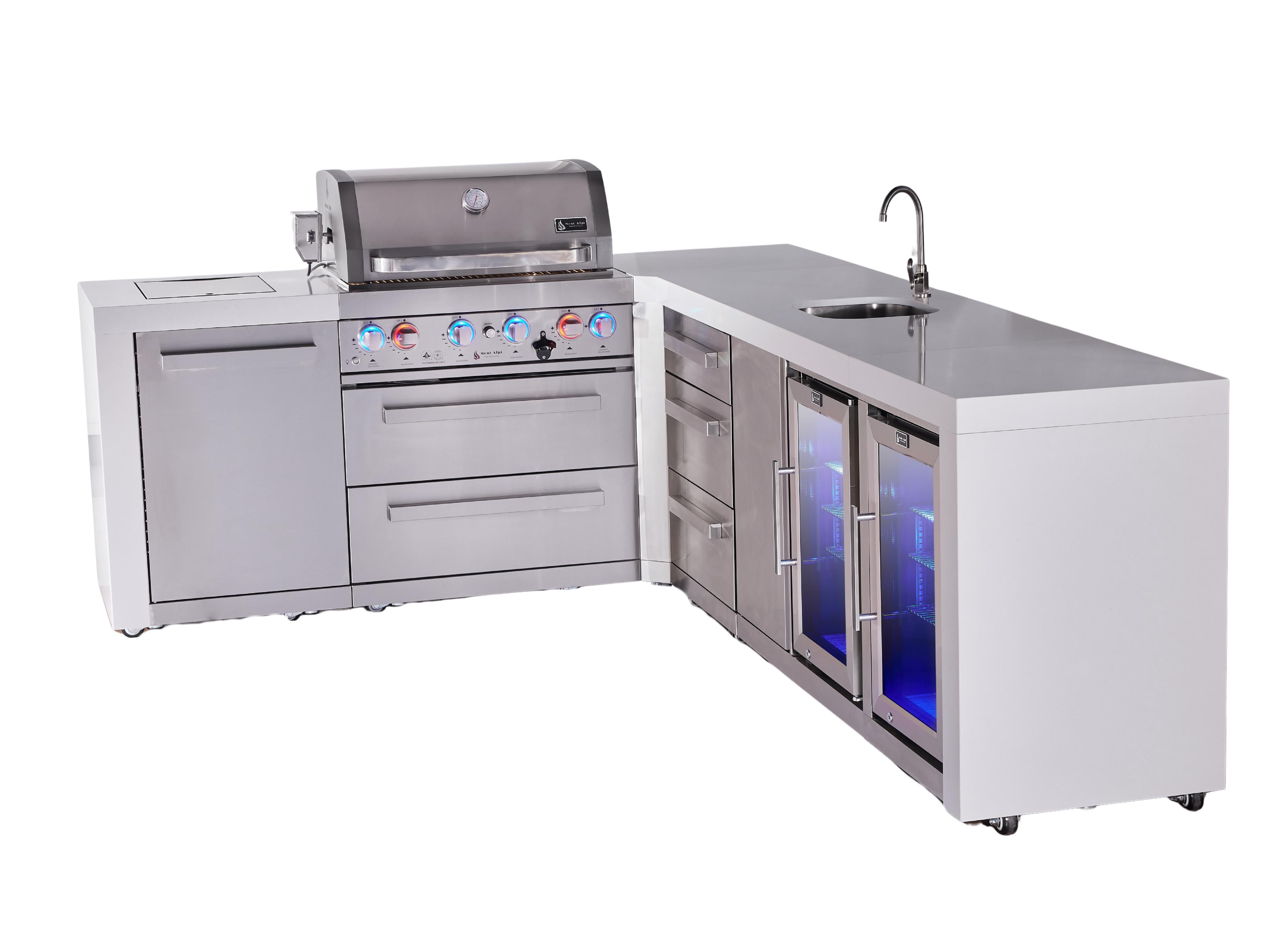 Mont Alpi 4-burner L-shaped deluxe series outdoor kitchen island with beverage center and corner fridge module plus extra drawer slides - Mont Alpi Canada