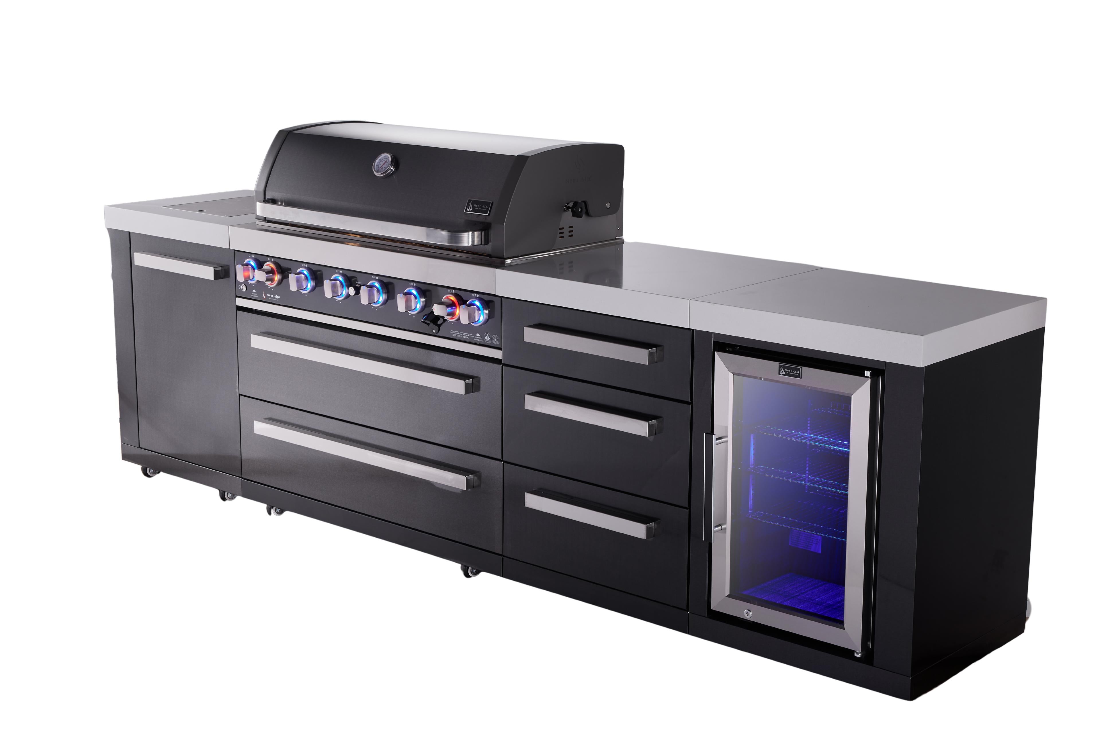 Mont Alpi 6-burner black series outdoor kitchen island with extra storage cabinet and corner fridge module
