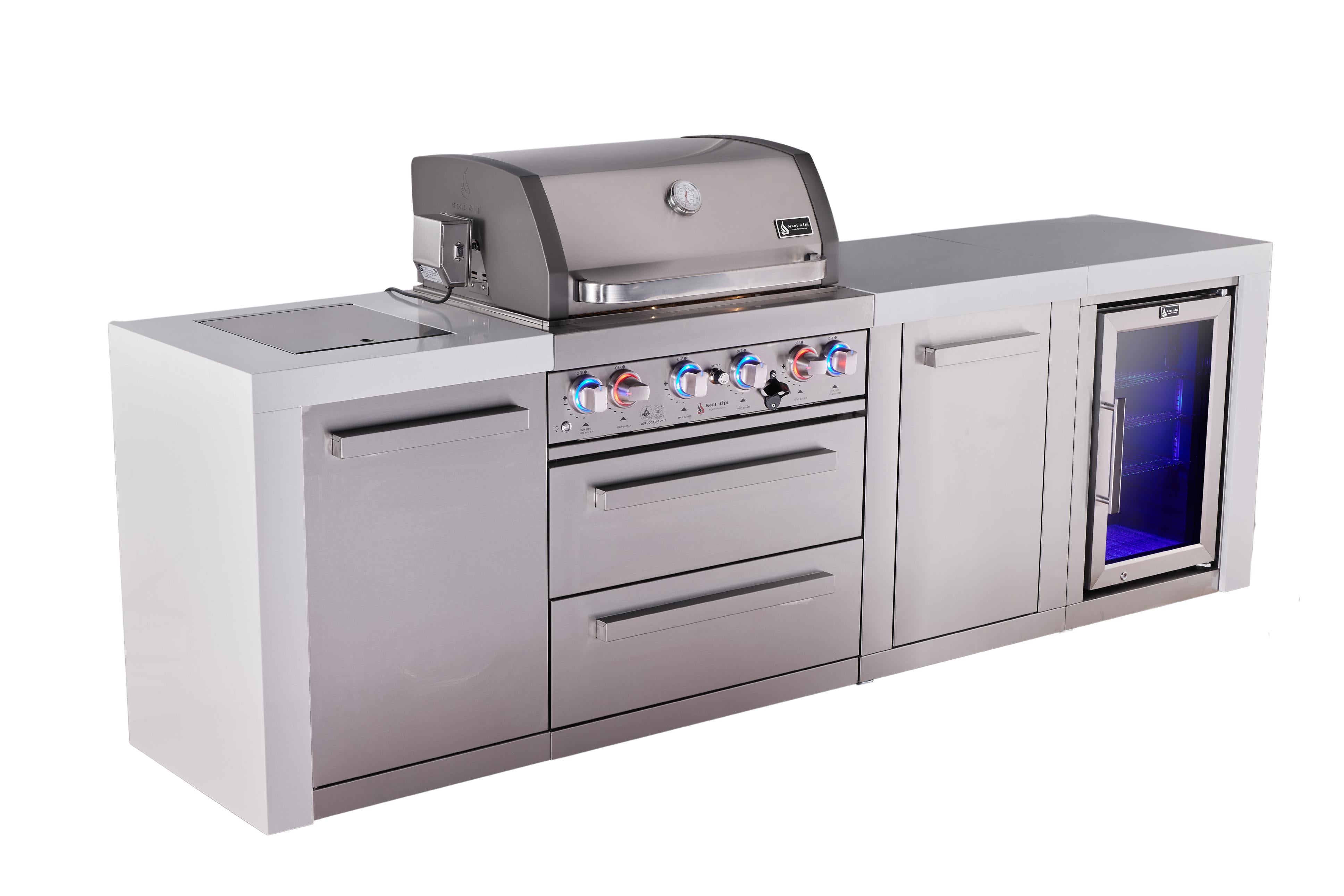 Mont Alpi 4-burner deluxe series outdoor kitchen island with fridge and extra storage cabinet module - Mont Alpi Canada