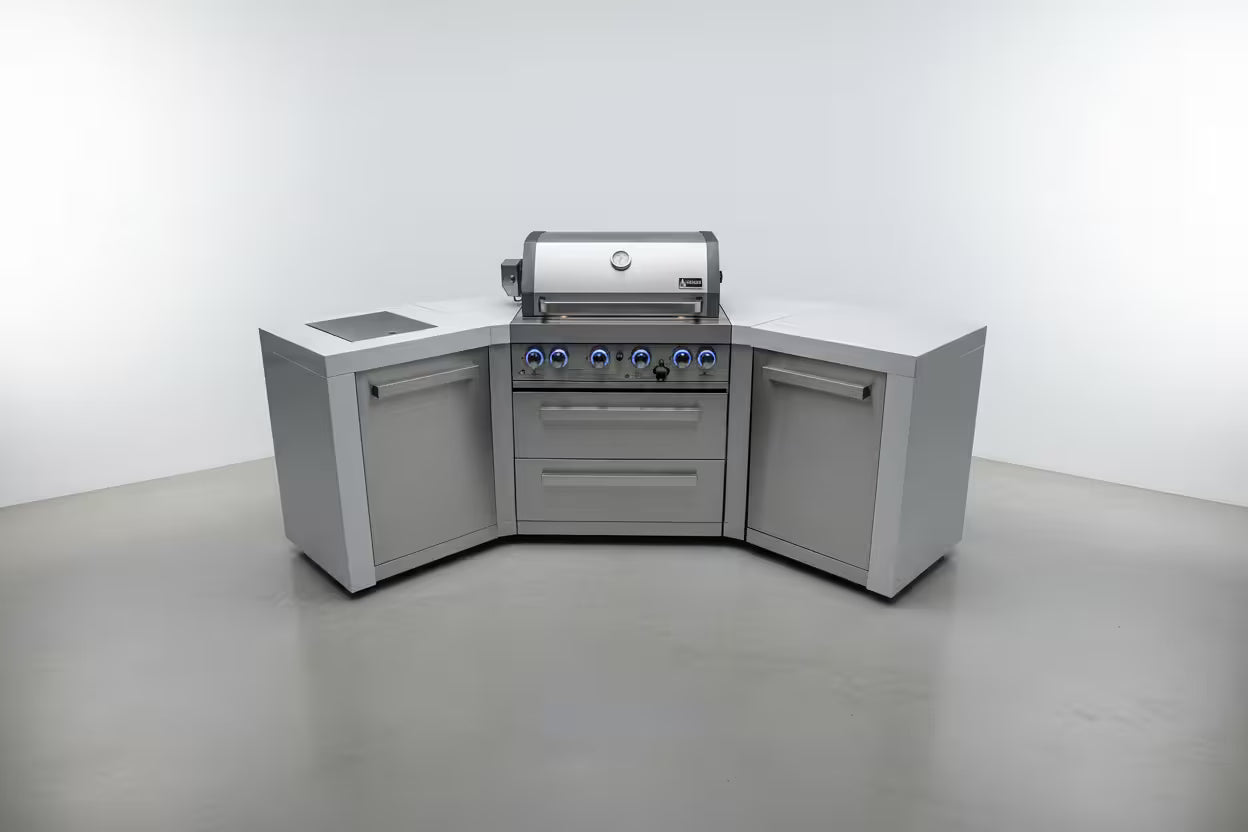 Outdoor kitchen with grill and cabinets on a white background