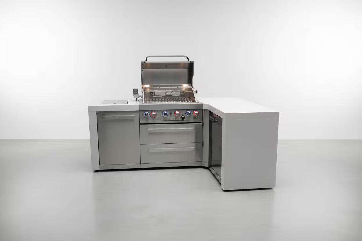 Stainless steel outdoor kitchen grill and cabinets on a white background