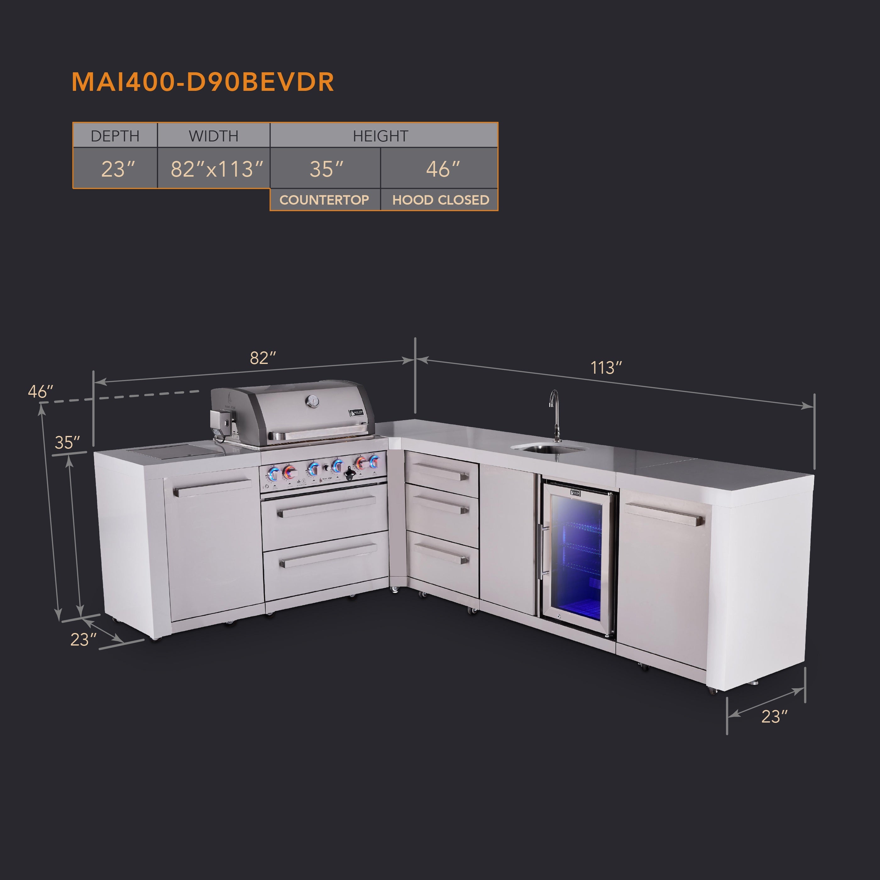 Mont Alpi 4-burner L-shaped deluxe series outdoor kitchen island with beverage center and extra drawer slides cabinet - Mont Alpi Canada