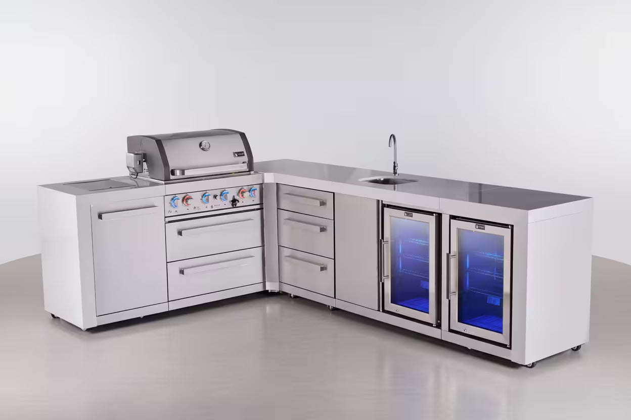 Outdoor kitchen with grill, sink, and refrigerator on a white background