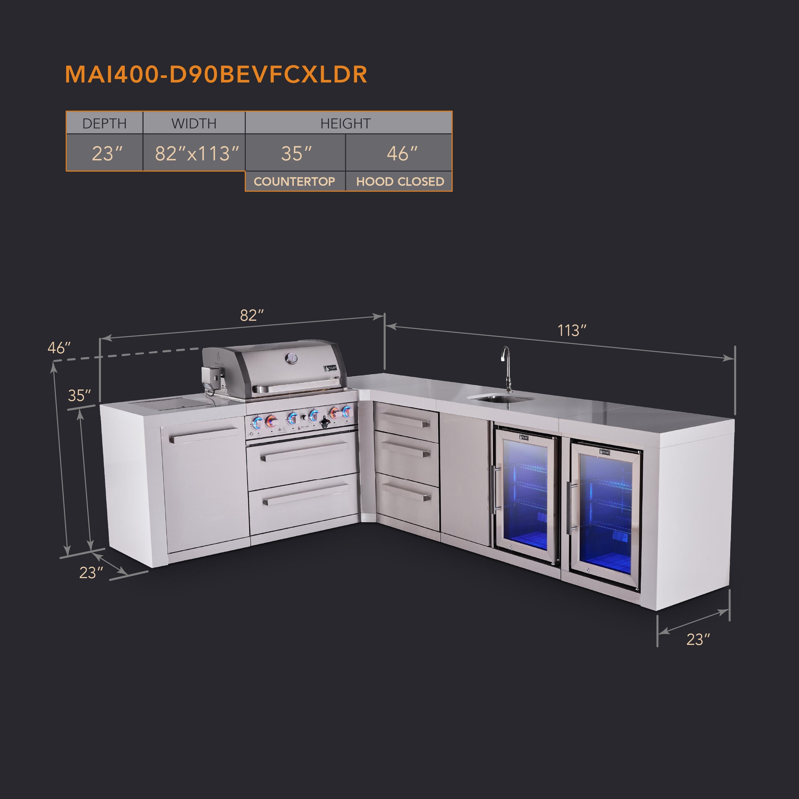 Mont Alpi 4-burner L-shaped deluxe series outdoor kitchen island with beverage center and corner fridge module plus extra drawer slides - Mont Alpi Canada