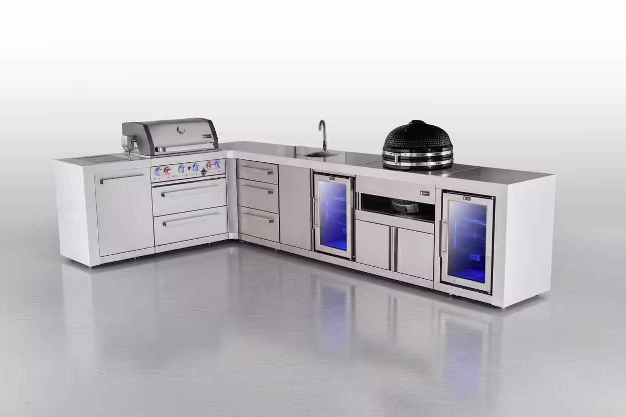Mont Alpi 4-burner L-shaped deluxe series outdoor kitchen island with beverage center, kamado and corner fridge module plus extra drawer slides cabinet - Mont Alpi Canada
