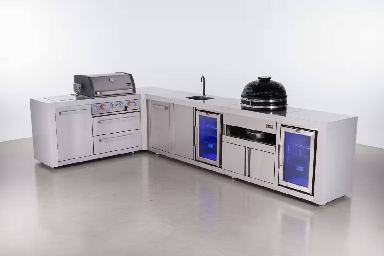 Mont Alpi 4-burner L-shaped deluxe series outdoor kitchen island with beverage center, kamado and corner fridge module plus extra storage cabinet - Mont Alpi Canada