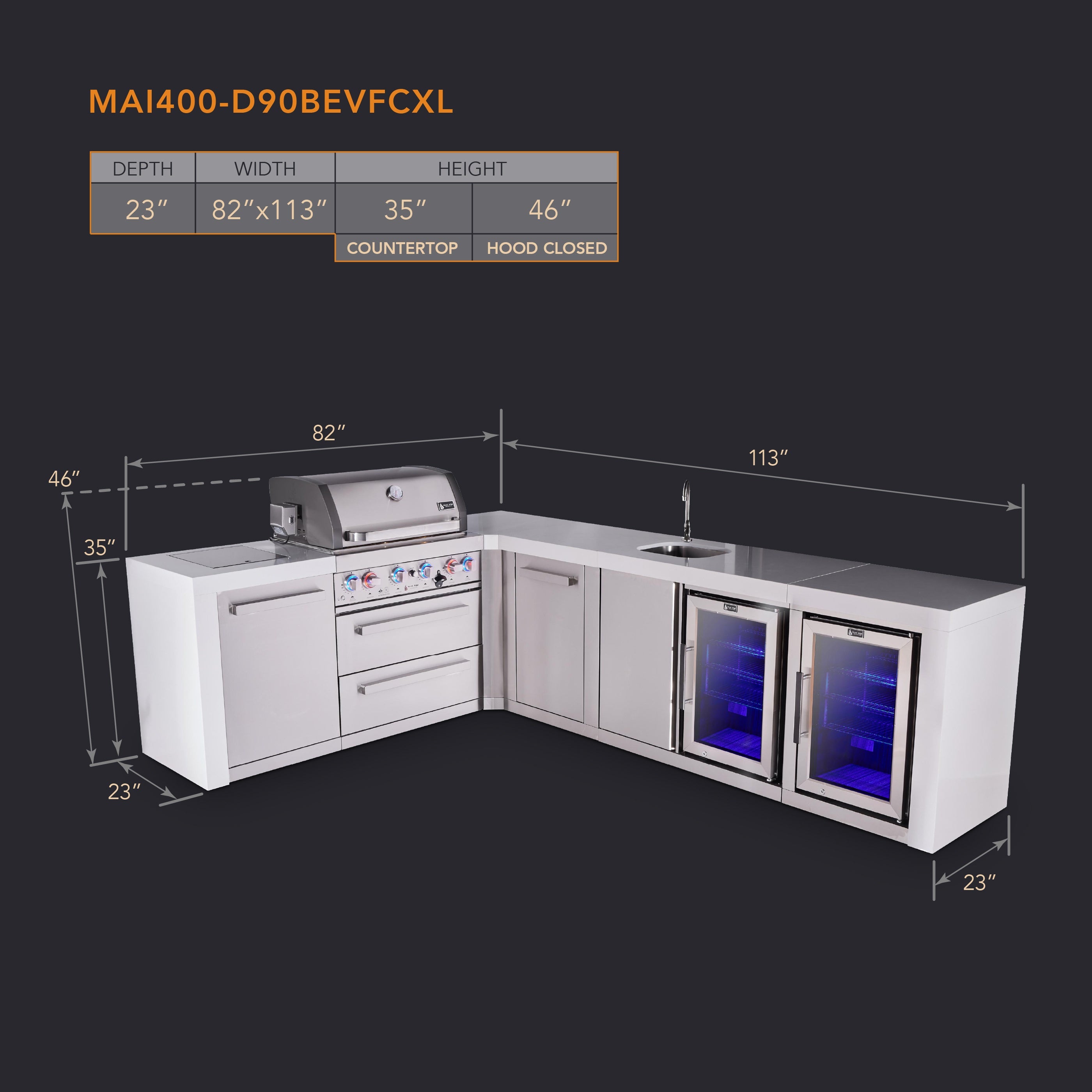 Mont Alpi 4-burner L-shaped deluxe series outdoor kitchen island with beverage center and corner fridge module plus extra storage cabinet - Mont Alpi Canada