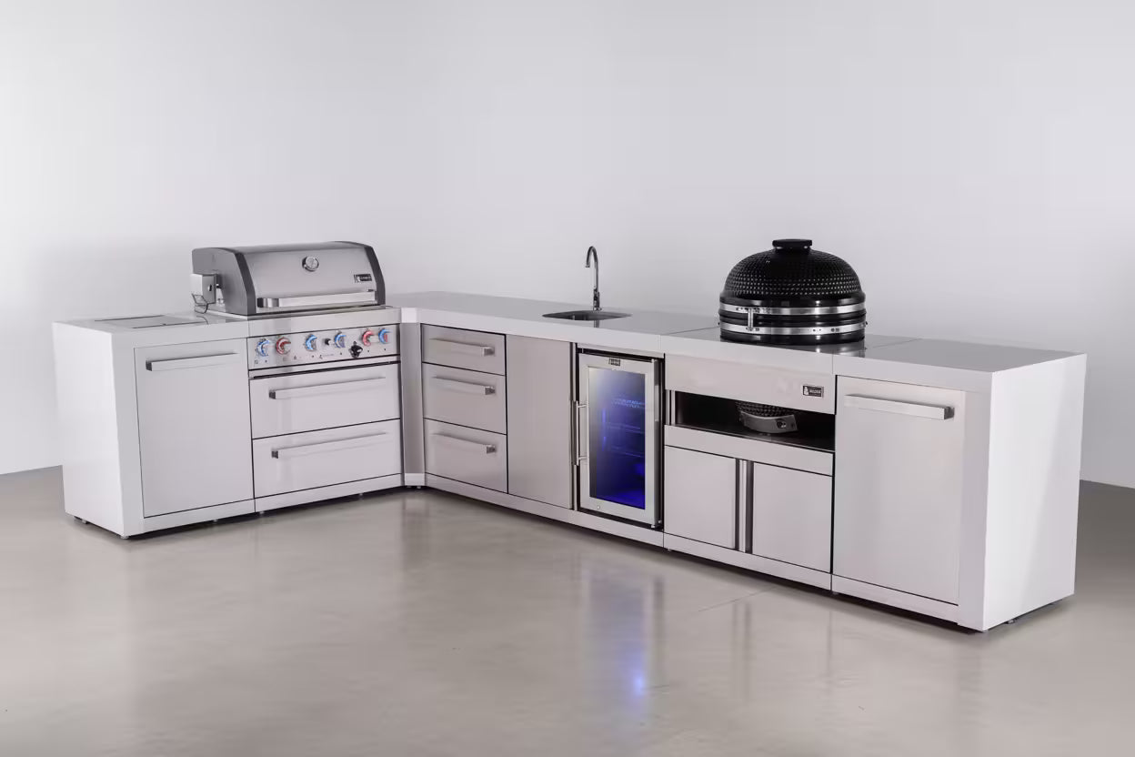 Mont Alpi 4-burner L-shaped deluxe series outdoor kitchen island with beverage center and kamado plus extra drawer slides - Mont Alpi Canada