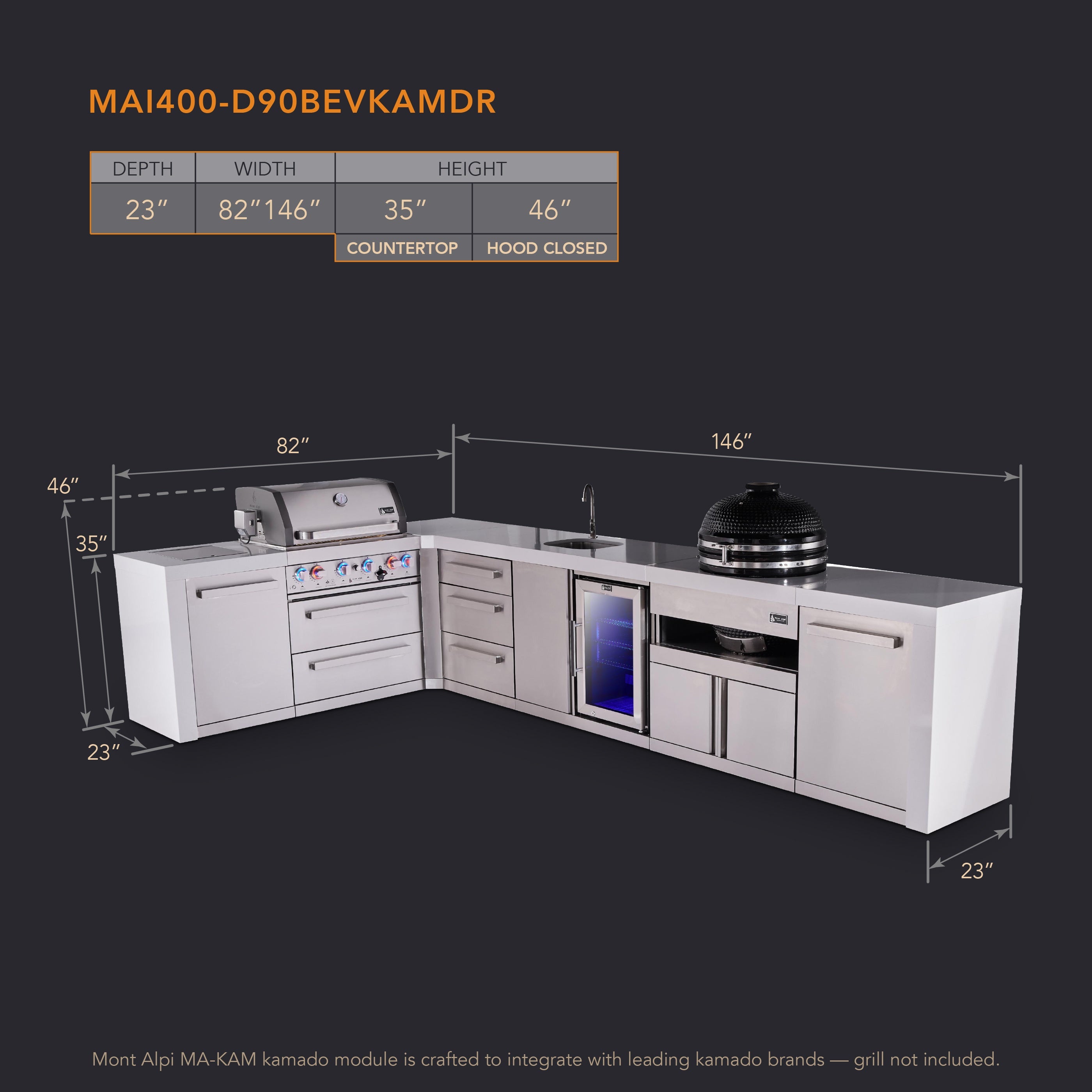 Mont Alpi 4-burner L-shaped deluxe series outdoor kitchen island with beverage center and kamado plus extra drawer slides - Mont Alpi Canada