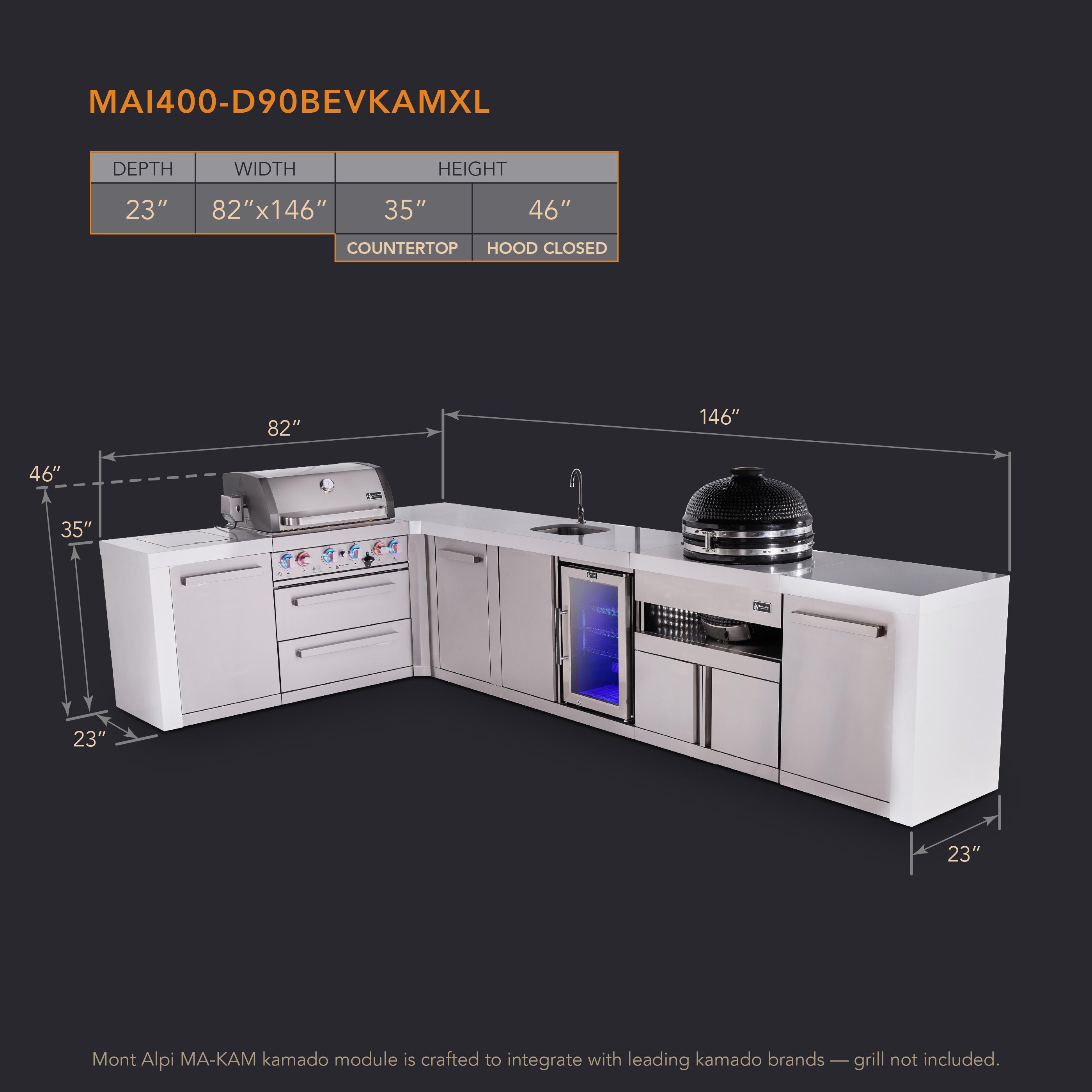 Mont Alpi 4-burner L-shaped deluxe series outdoor kitchen island with beverage center and kamado module plus extra storage cabinet - Mont Alpi Canada