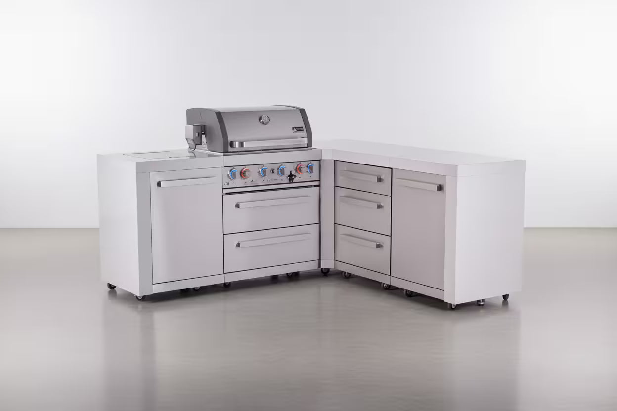 Mont Alpi 4-burner L-shaped deluxe series outdoor kitchen island with extra drawer slides cabinet module - Mont Alpi Canada