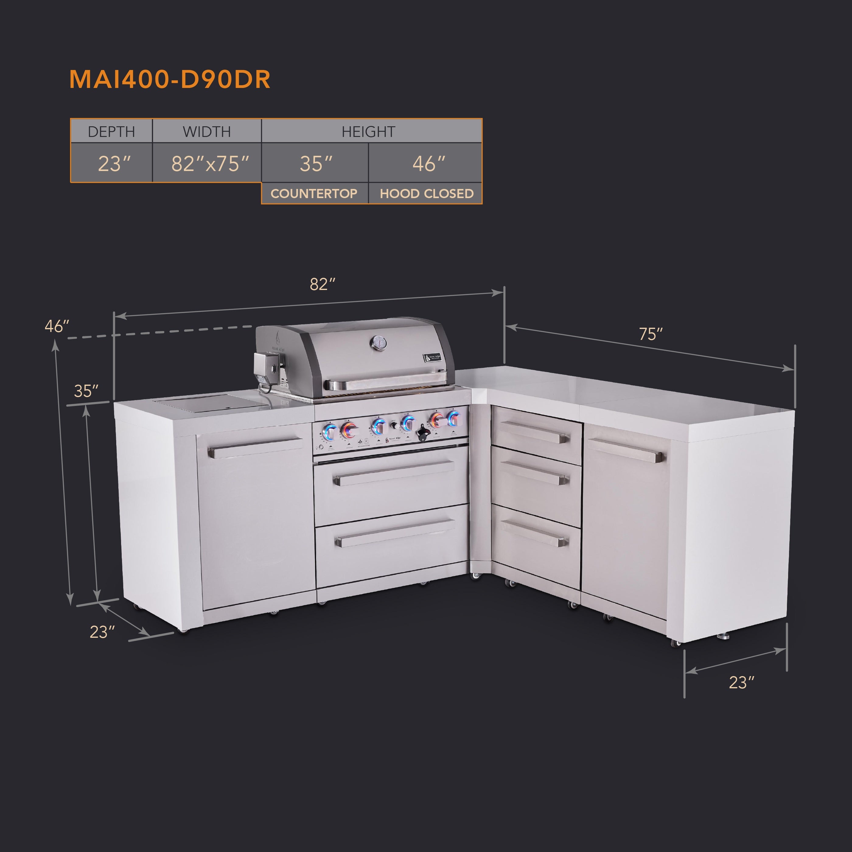 Mont Alpi 4-burner L-shaped deluxe series outdoor kitchen island with extra drawer slides cabinet module - Mont Alpi Canada