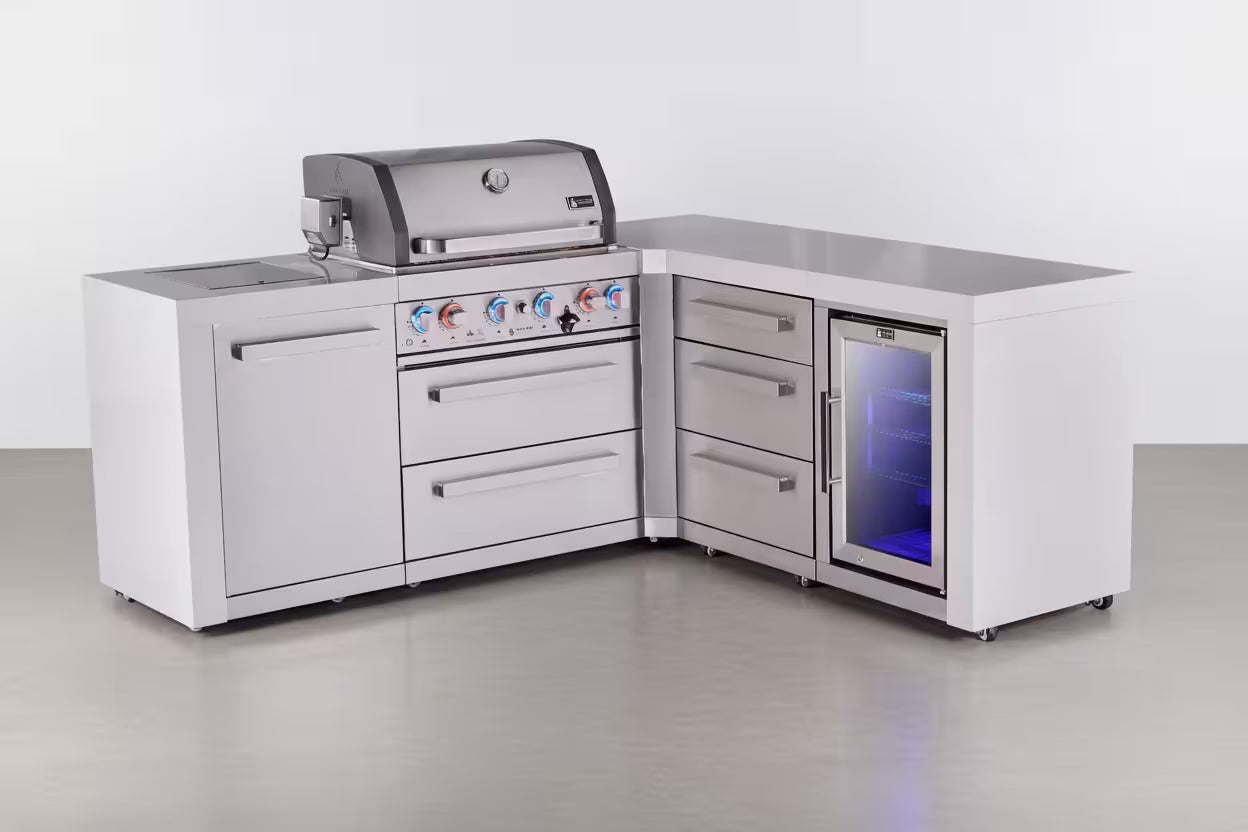 Outdoor kitchen with grill and refrigerator on a white background