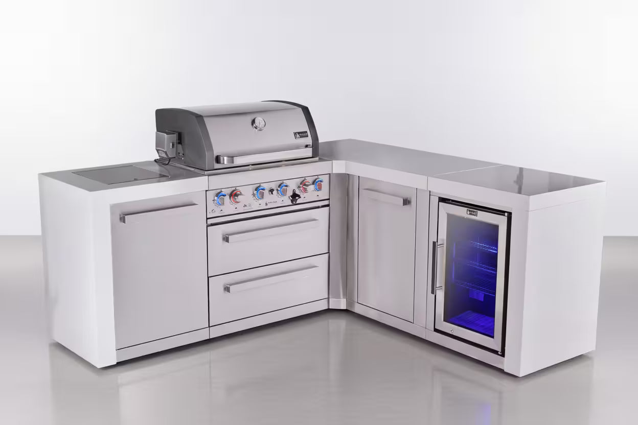 Mont Alpi 4-burner L-shaped deluxe series outdoor kitchen island with fridge and extra storage cabinet module - Mont Alpi Canada