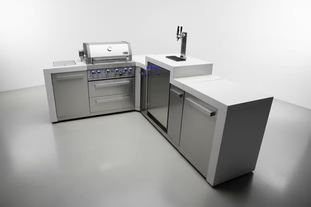 Modern outdoor kitchen with grill, refrigerator, and sink on a white background
