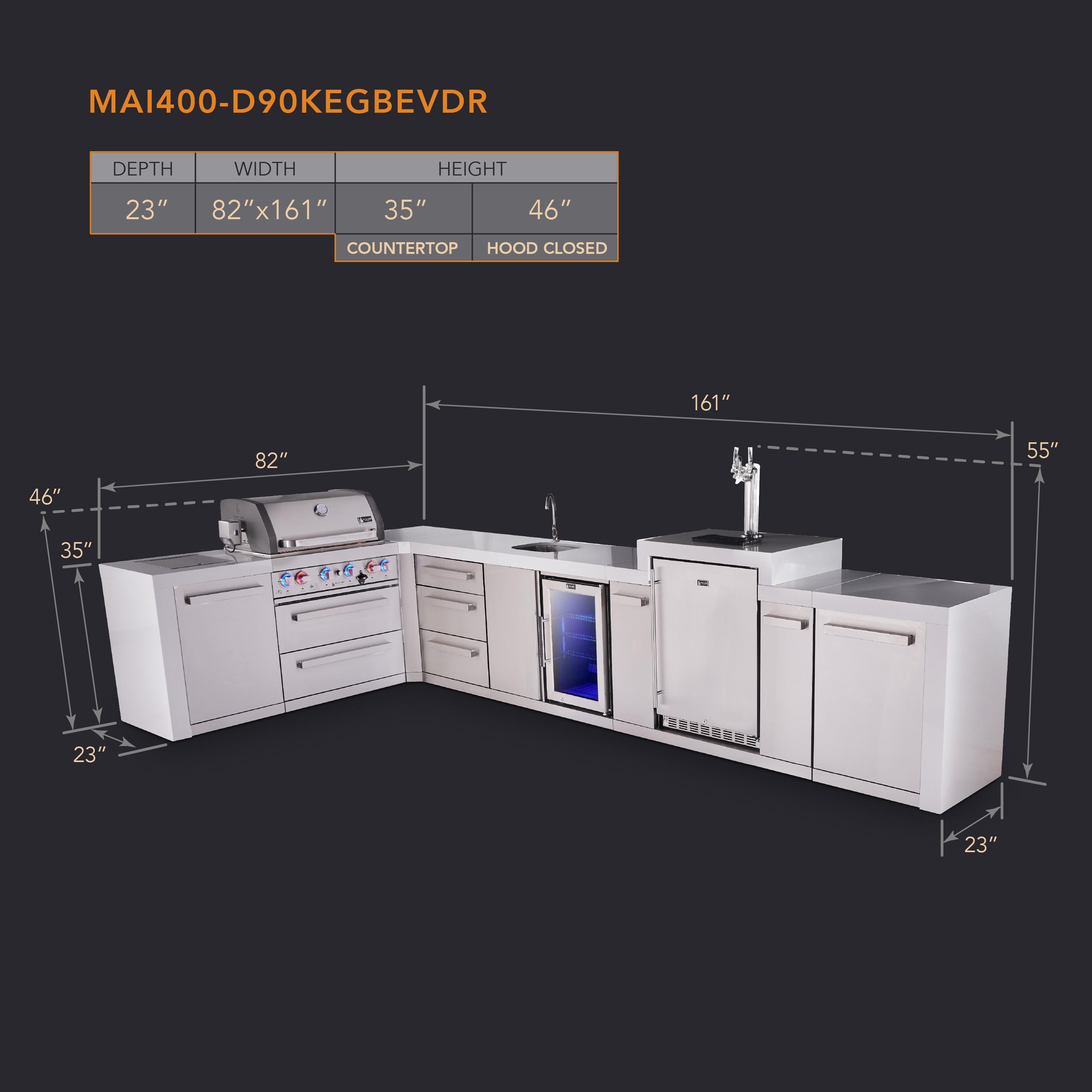 Mont Alpi 4-burner L-shaped deluxe series outdoor kitchen island with beverage center and kegerator module plus extra drawer slides - Mont Alpi Canada