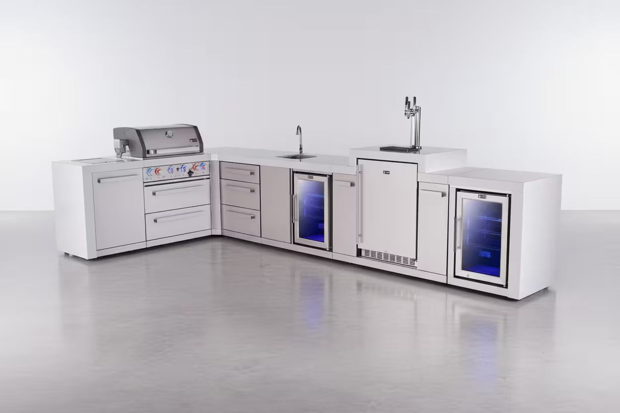 Modern outdoor kitchen with grill, refrigerator, and sink on a white background