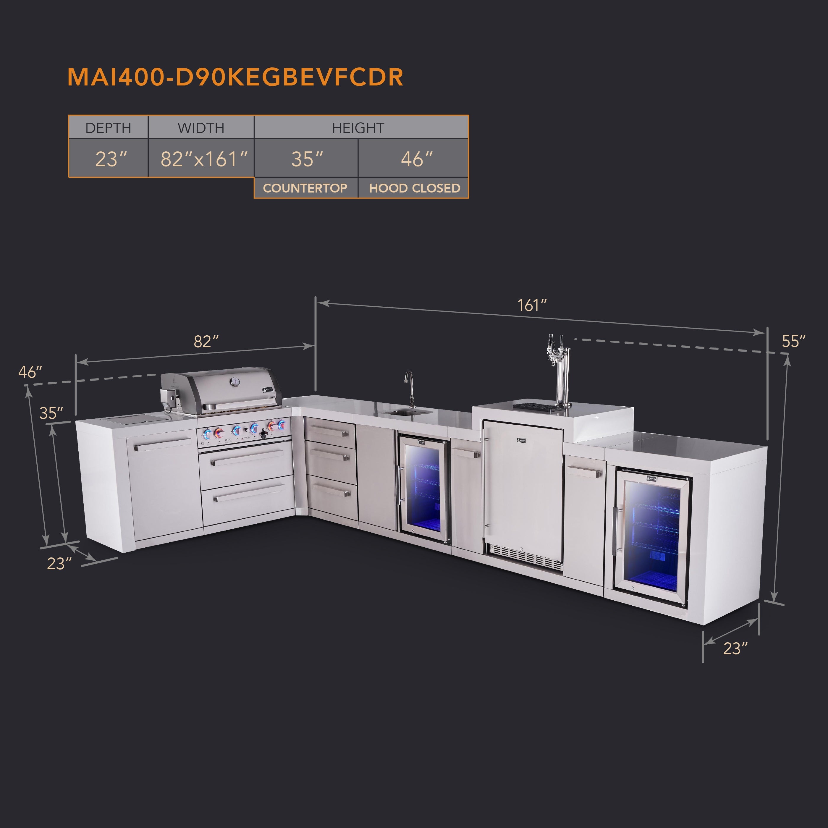 Mont Alpi 4-burner L-shaped deluxe series outdoor kitchen island with beverage center, kegerator and corner fridge module plus extra drawer slides cabinet - Mont Alpi Canada