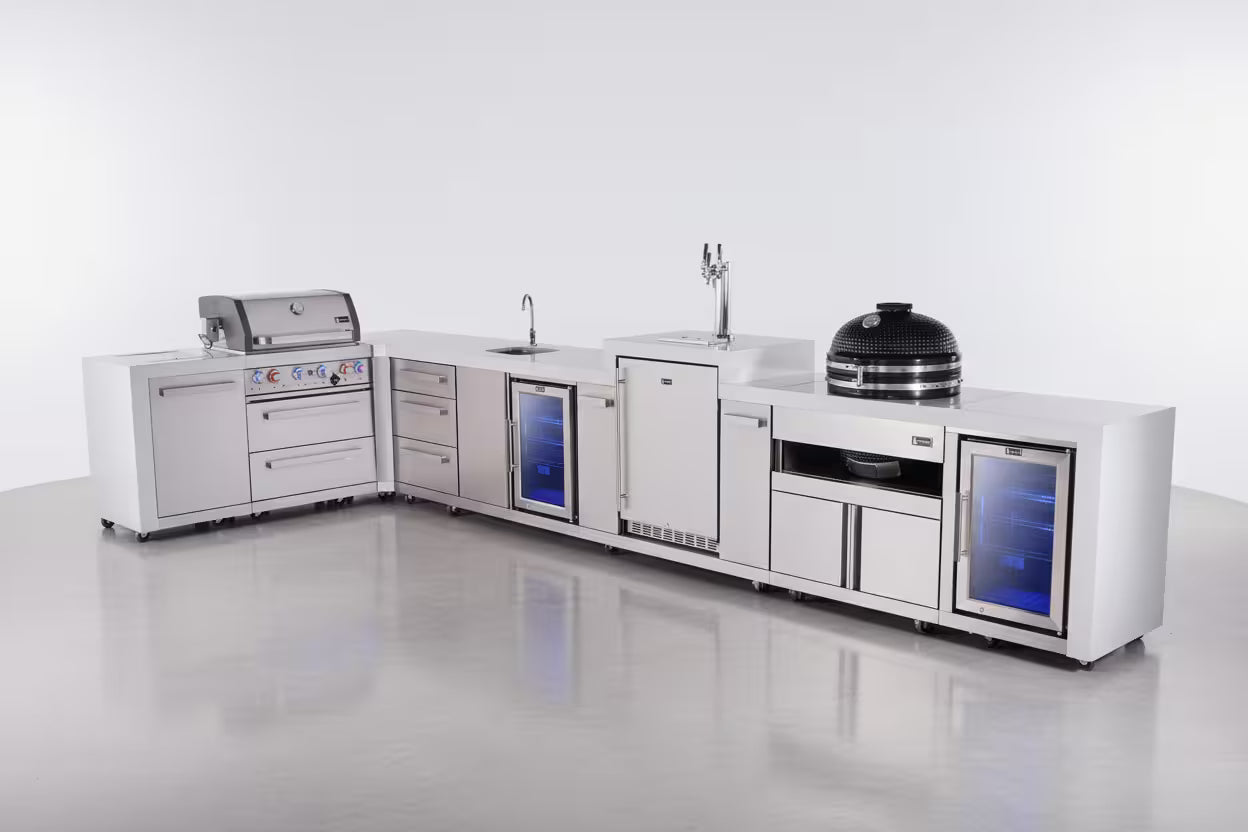 Mont Alpi 4-burner L-shaped deluxe series outdoor kitchen island with beverage center, kegerator, kamado and corner fridge module plus extra drawer slides cabinet - Mont Alpi Canada